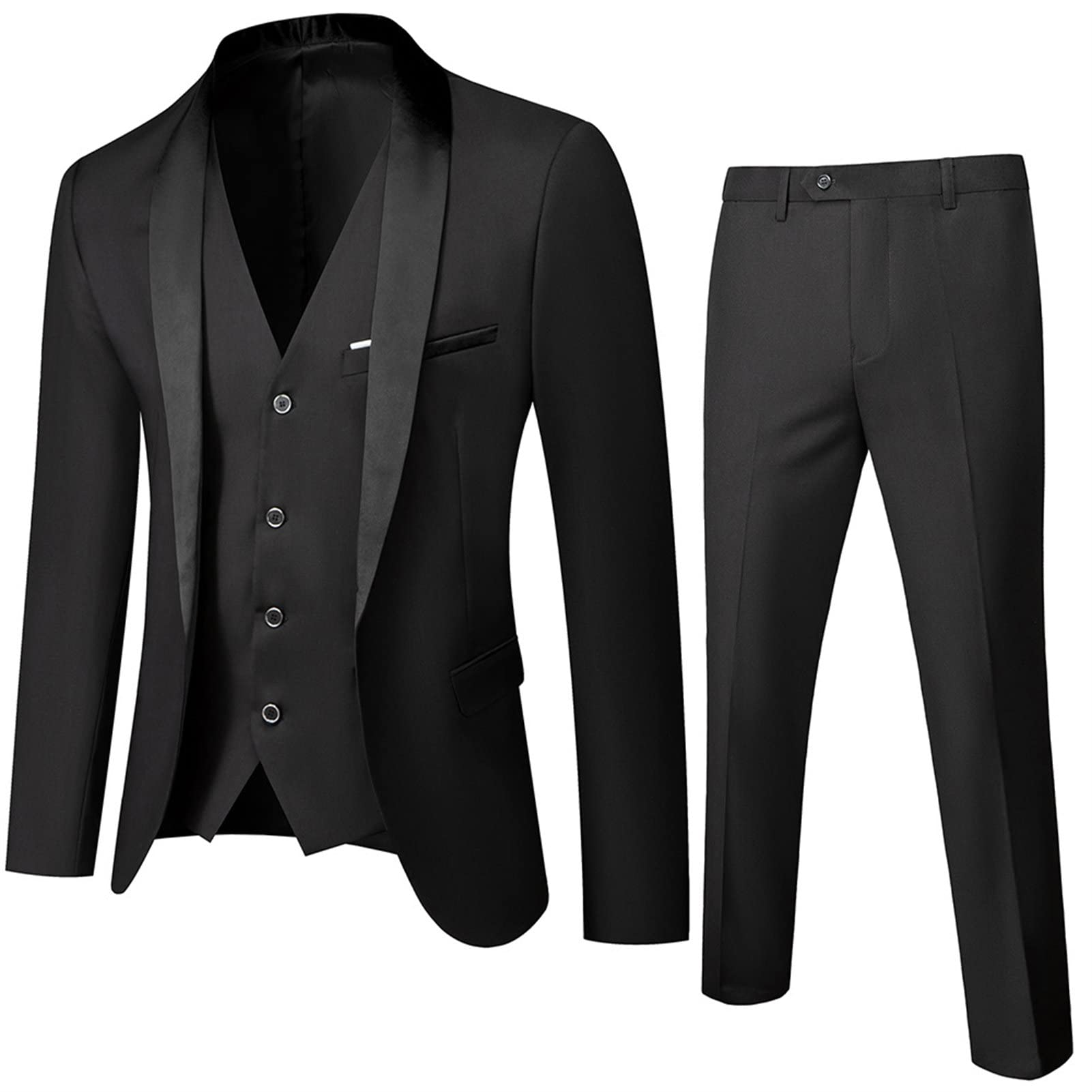 Men Shawl Lapel 3 Piece Tuxedo Suit Slim Fit One Button Jacket Vest & Pant Set Business Wedding Dinner Blazer Set (Black,Large)