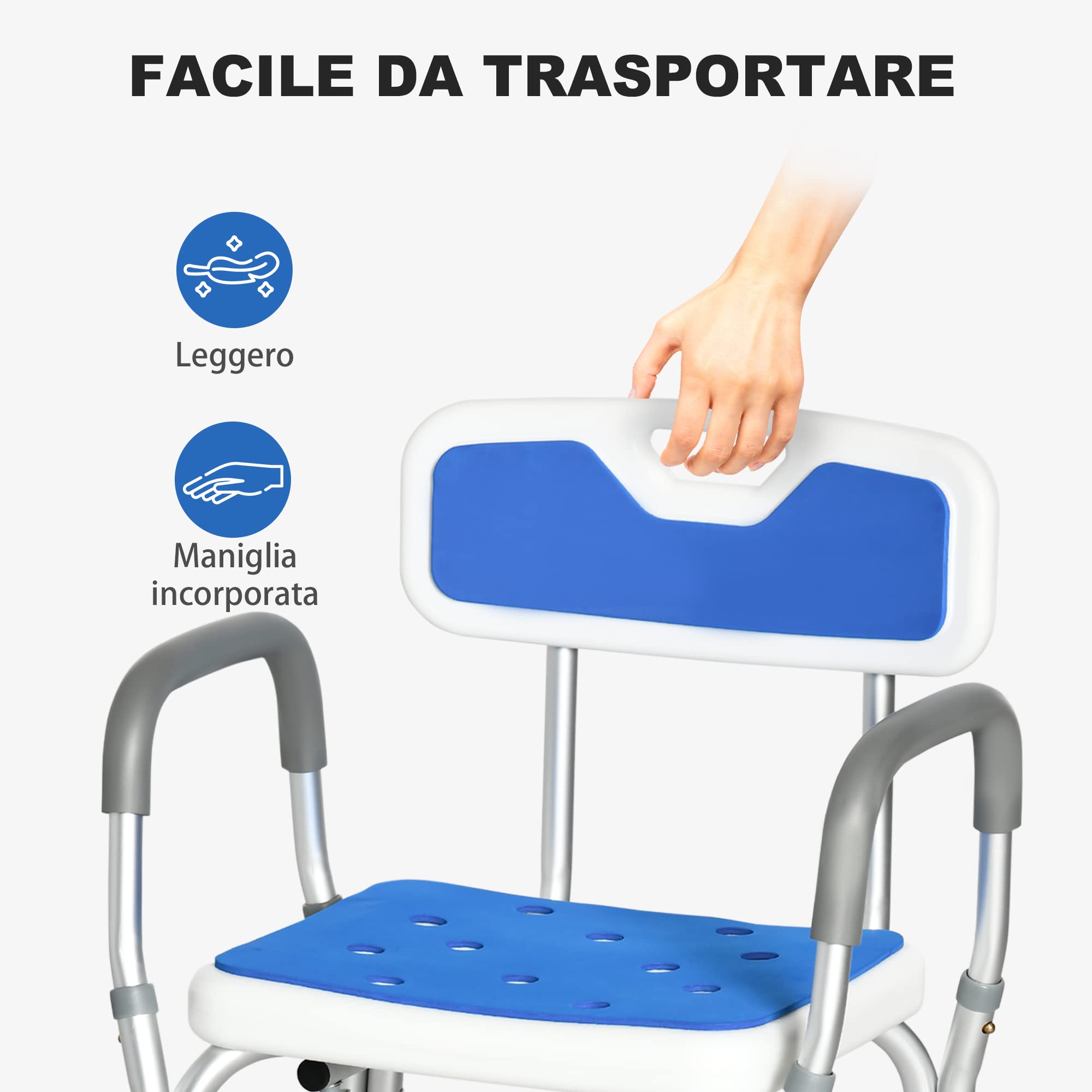 HOMCOM Sedia per Doccia per Anziani con Imbottitura e Altezza Regolabile, Sedile Doccia con Braccioli e Piedini a Ventosa
