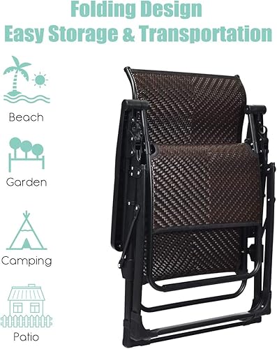 Miniatura 7 de Tangkula 2 sillas de ratán de gravedad cero, silla plegable ajustable para exteriores con reposabrazos ampliados y sistema de bloqueo, tumbona