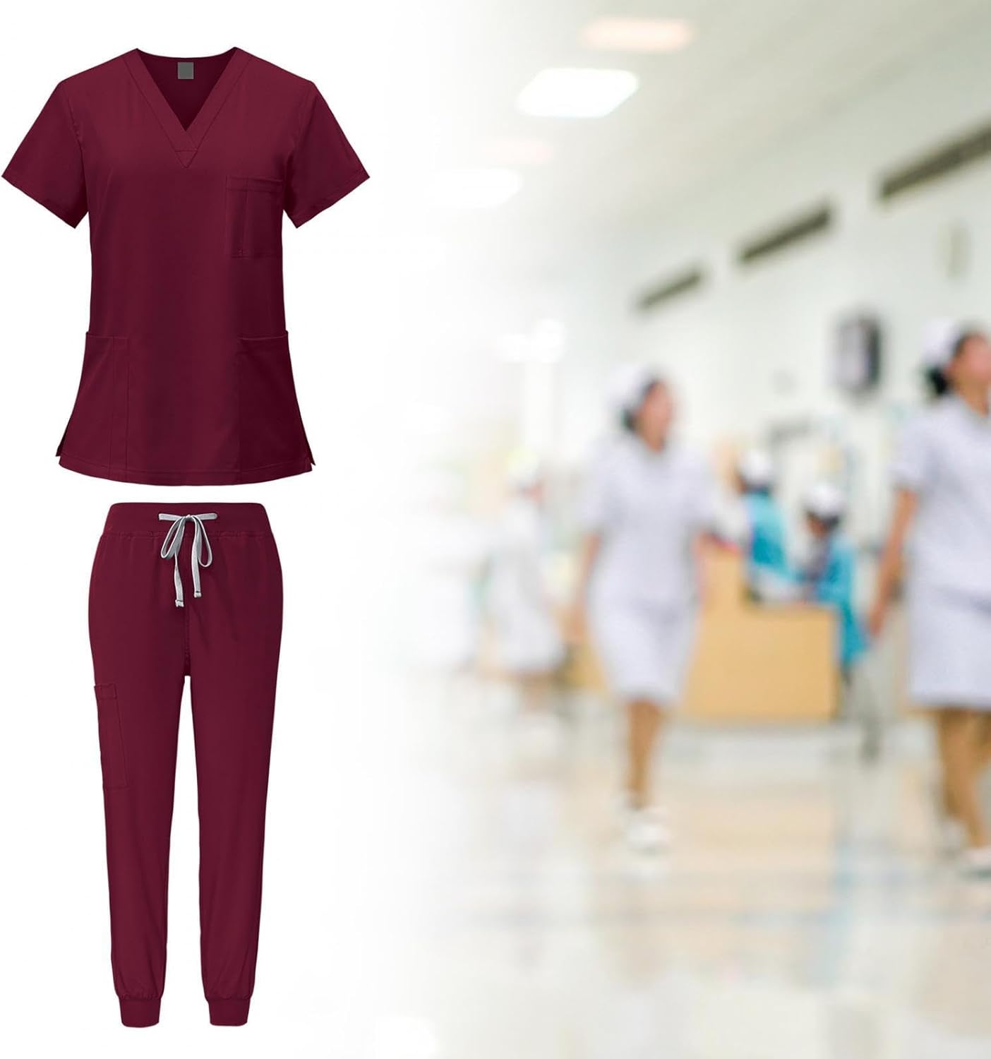 misppro Women Scrubs Top and Pants 2-Piece Set V Neck Professional Medical Workwear Uniform- Medium Red