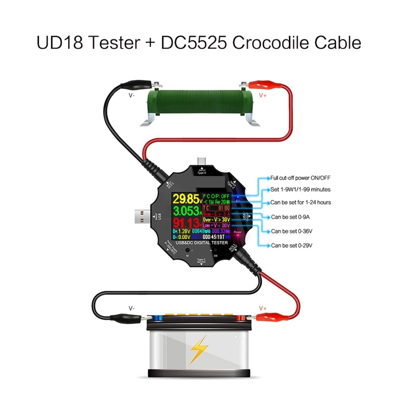 Testeur USB, Testeur USB voltmètre numérique cc, ampèremètre de tension, ampèremètre USB3.0, détecteur 18 en 1, chargeur de batterie externe + pince Crocodile cc(Add LOAD)