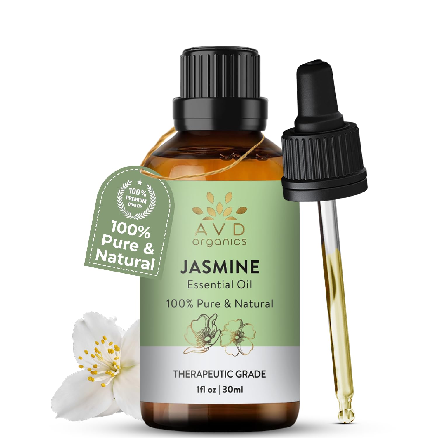 AVD ORGANICS Jasmine Essential Oil 30ml | Premium Aromatherapy Therapeutic Grade Oil for Soaps Candles Massage Skin Care Perfumes Home Fragrance Acetite for Diffuser| 1 fl.oz