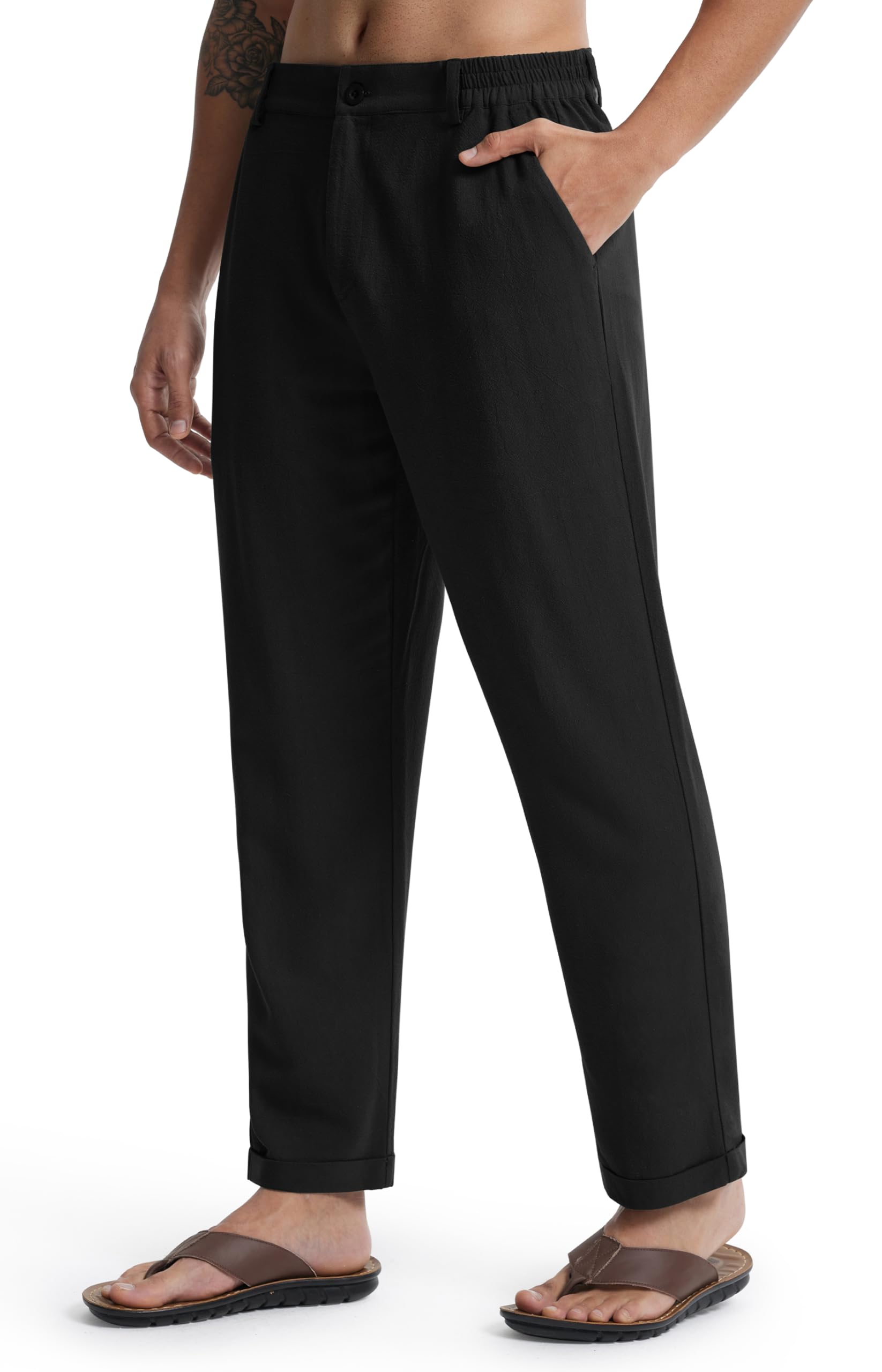 Libin Men's Linen Pants Elastic Waist Lightweight Casual Pants Comfy Summer Beach Travel Lounge Trousers with Pockets
