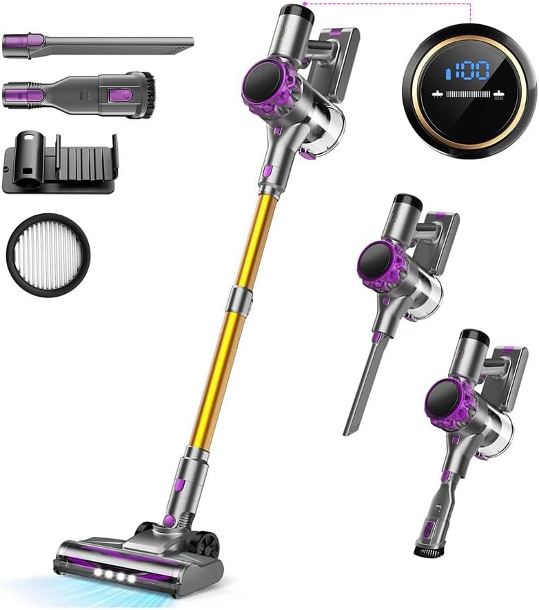 S3P Cordless Vacuum Cleaner, 45kPa Powerful Suction Vacuum Cleaners for Home, 55-Min Runtime Rechargeable Stick Vacuum, Self-Standing, for Pet Hair Carpet Hard Floor, LED Display