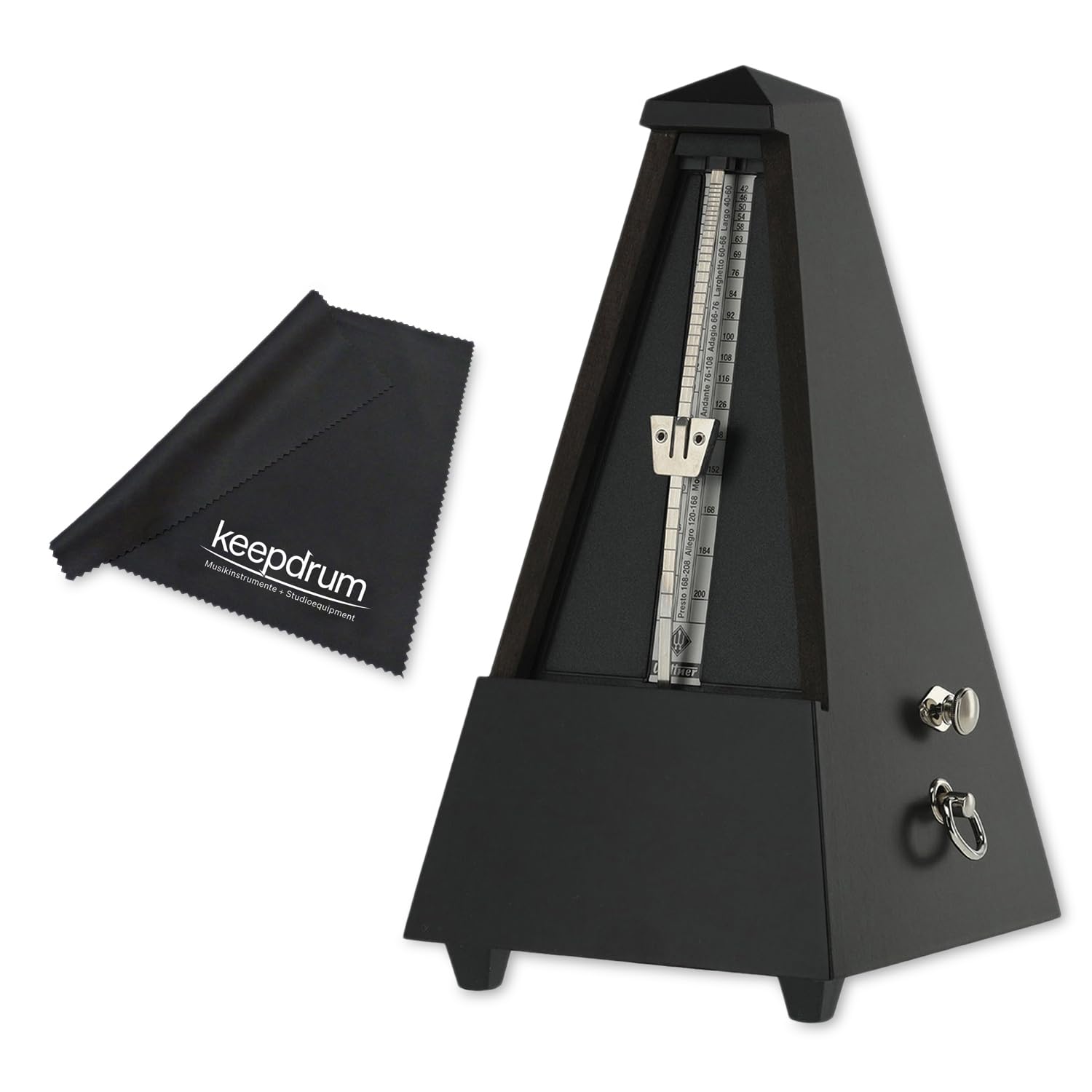 Wittner 816M - Metrónomo mecánico de madera con campana, color negro mate con gamuza de microfibra Keepdrum