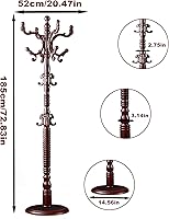 Vista 6 de Percheros de pie independientes, perchero de madera natural con 14 ganchos, percheros resistentes de altura ajustable para entrada, pasillo, Marrón