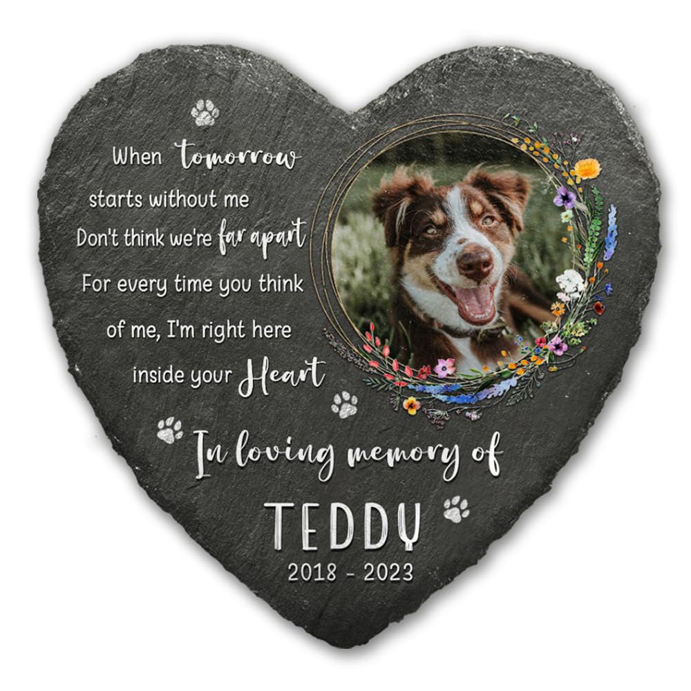Kilyhome Heart Memorial Stone with Meaningful Quote - Personalized Plaque Dog or Cat Paw Print - Keep Memory in Hearts, Beloved Pet Remembrance Gifts