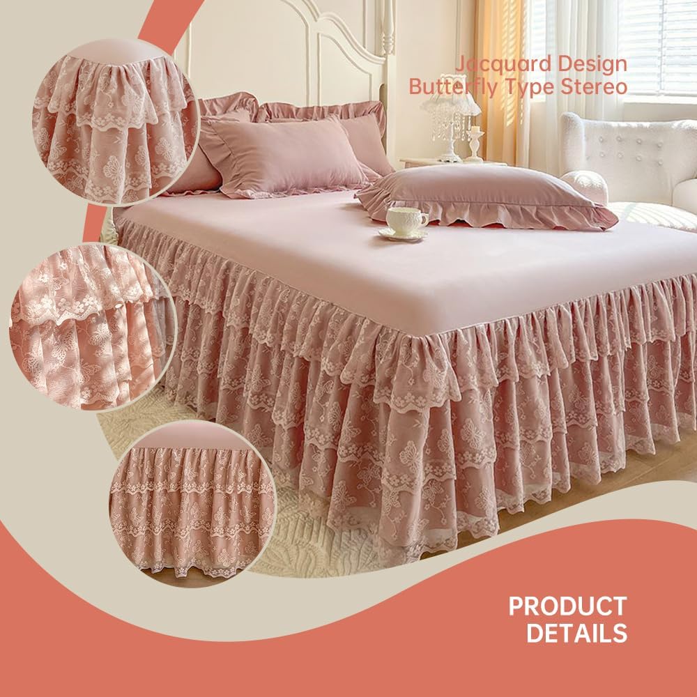 Butterfly Lace Bed Skirt 17 Inch Drop, Easy Fit Dust Ruffle Queen Size Bed Wrap Around Bedskirts & Bedsheet Anti Wrinkle