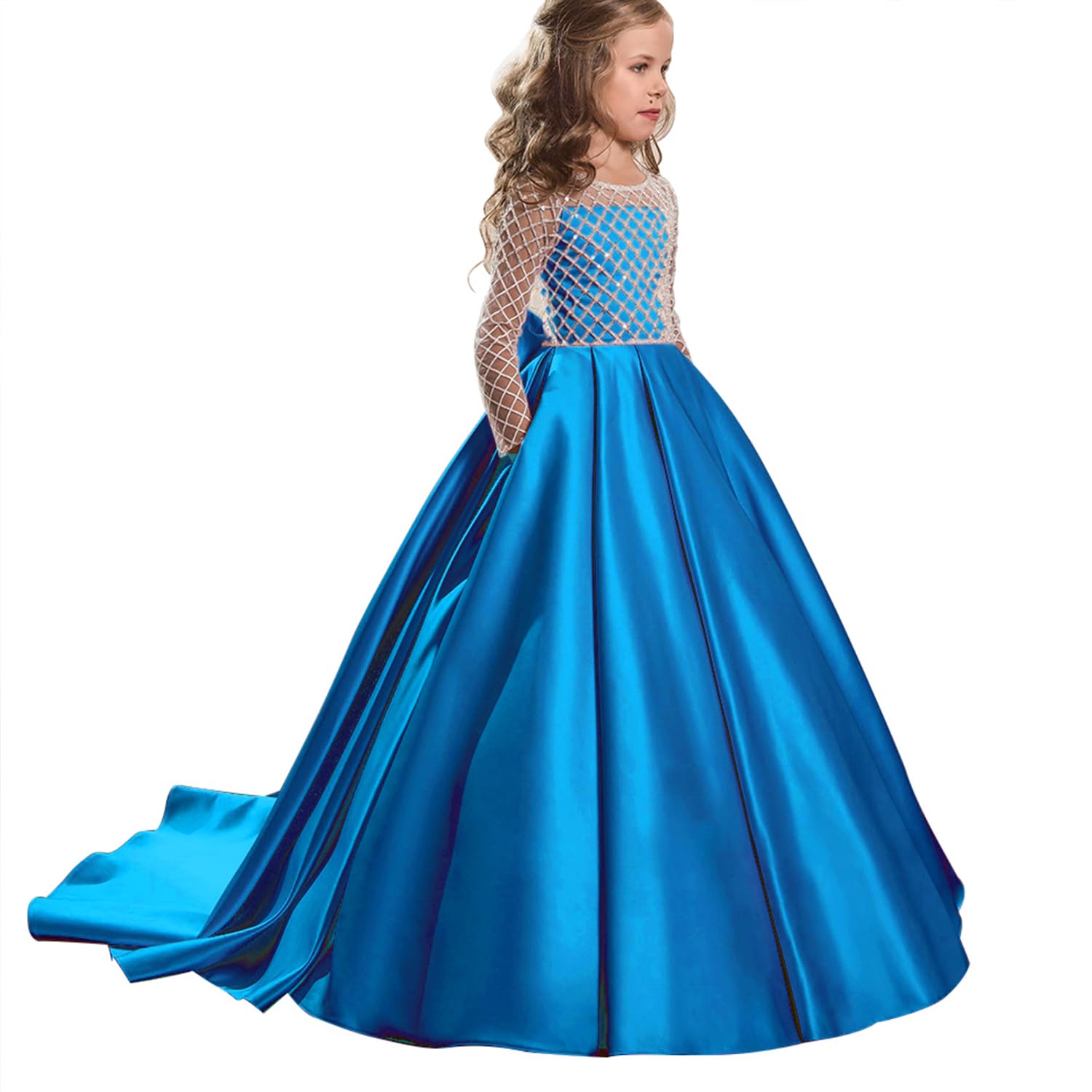 PLWEDDING Atemberaubende Blumenmädchen Kleid mit Langen Zug Kinder Satin Ballkleid für Weihnachten Geburtstag Party