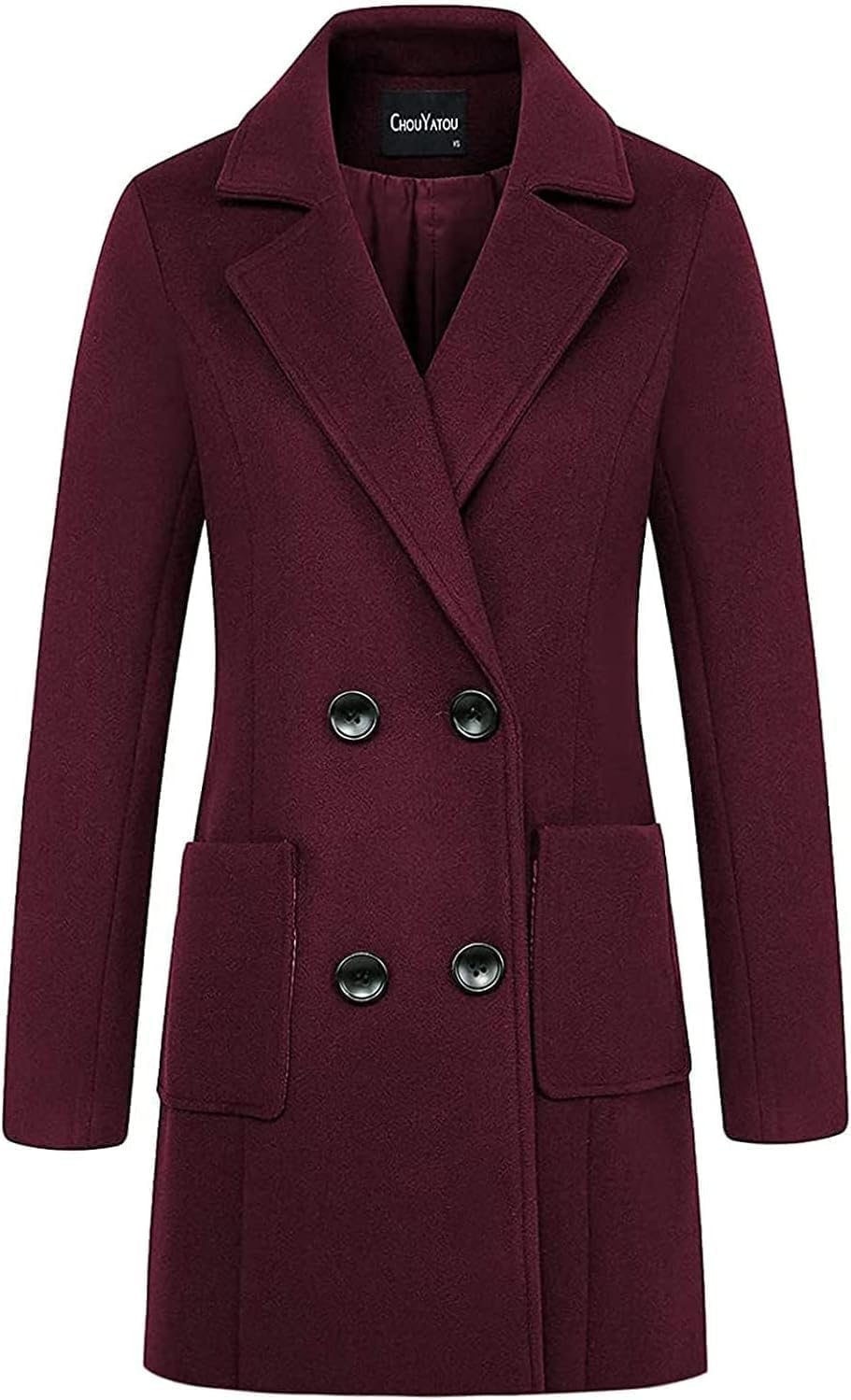 ebossy Women's Elegant Wool Blend Pea Coat Notched Lapel Double Breasted Winter Warm Mid Long Overcoat - Image 2