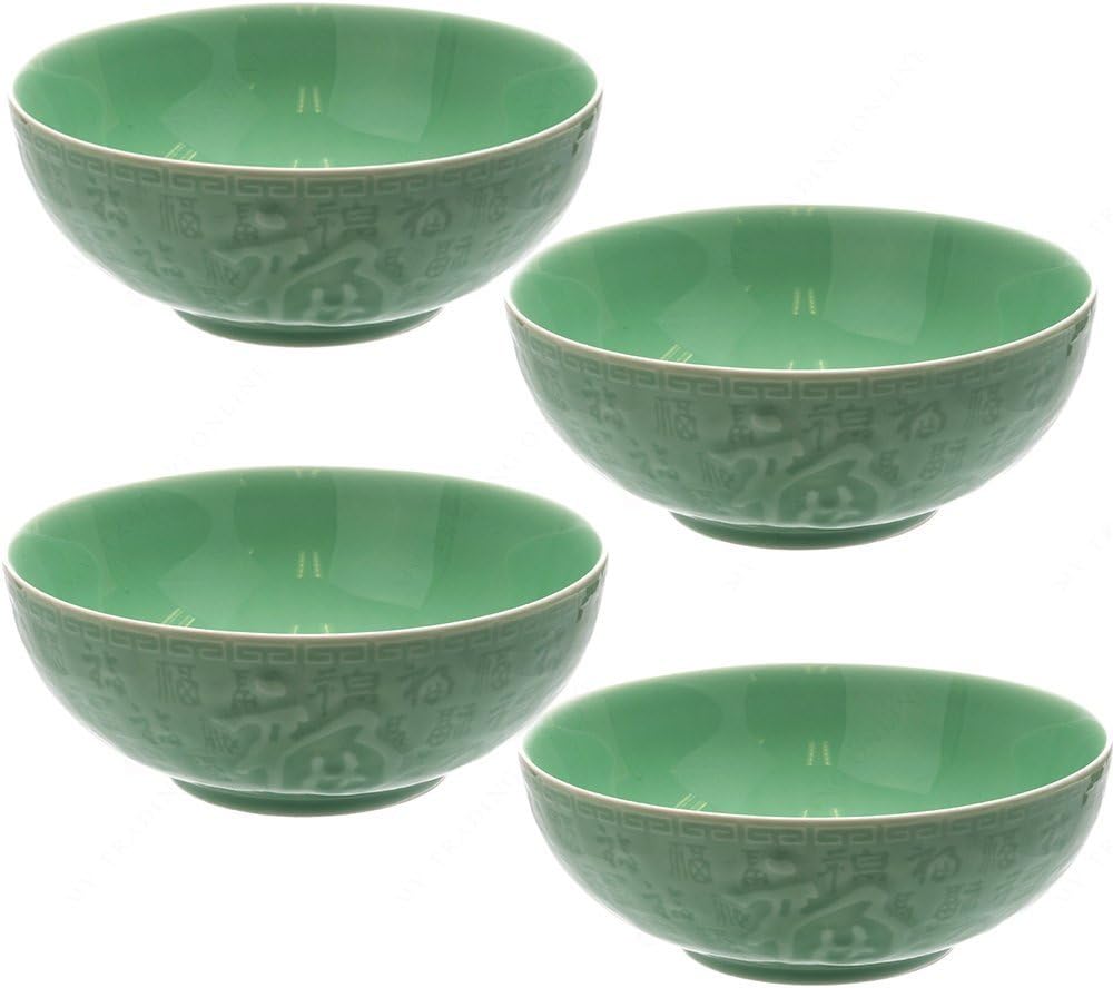 M.V. Trading NS2015 Large Green Ceramic Soup Cereal Bowl with Kanji "Luck" Word, 34 oz, Set of 4
