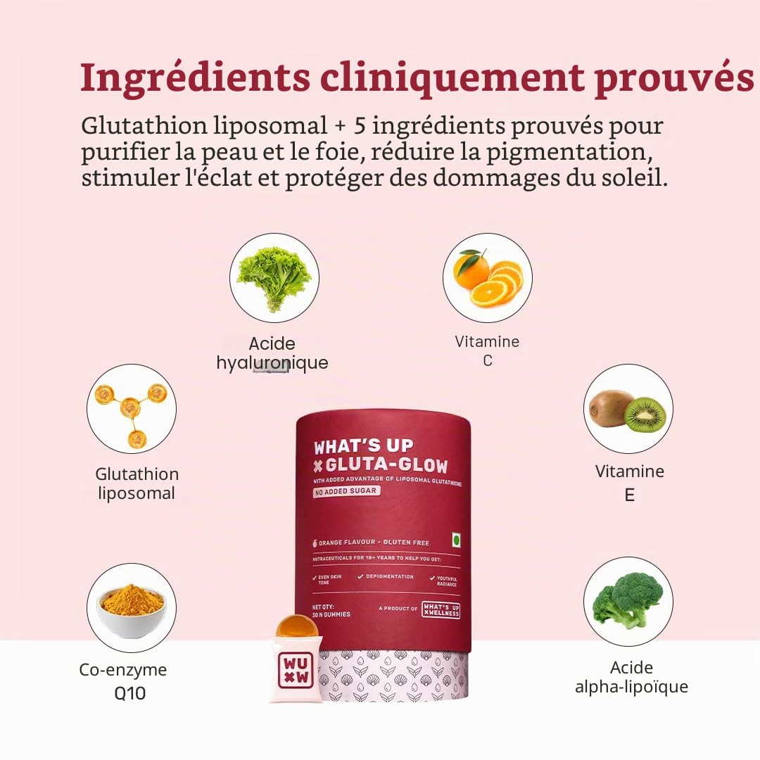 What's Up Wellness Gluta-Glow Gummies | Complément liposomal de glutathion avec vitamine C pour un teint éclatant | Dépigmentation | Détoxification | 30 jours | Hommes et femmes | Sans sucre ajouté