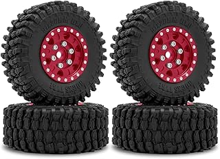 C32191RED Alloy Machined Wheels (4) w/Rubber Tires for Axial 1/24 SCX24 O.D.=51mm