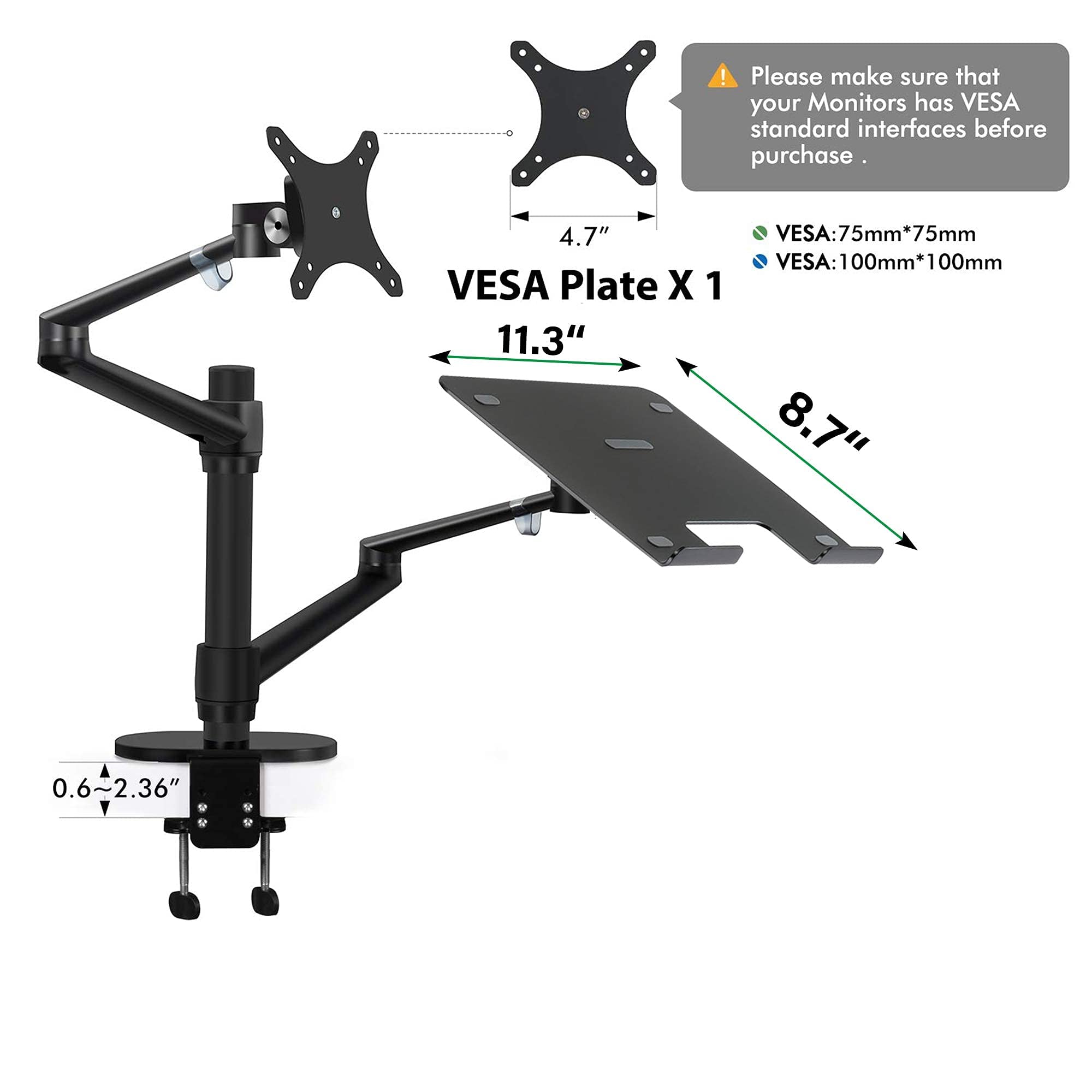 Monitor and Laptop Mount, 2 in1 Adjustable Dual Monitor Arm Desk Mounts,Single Monitor Arm for