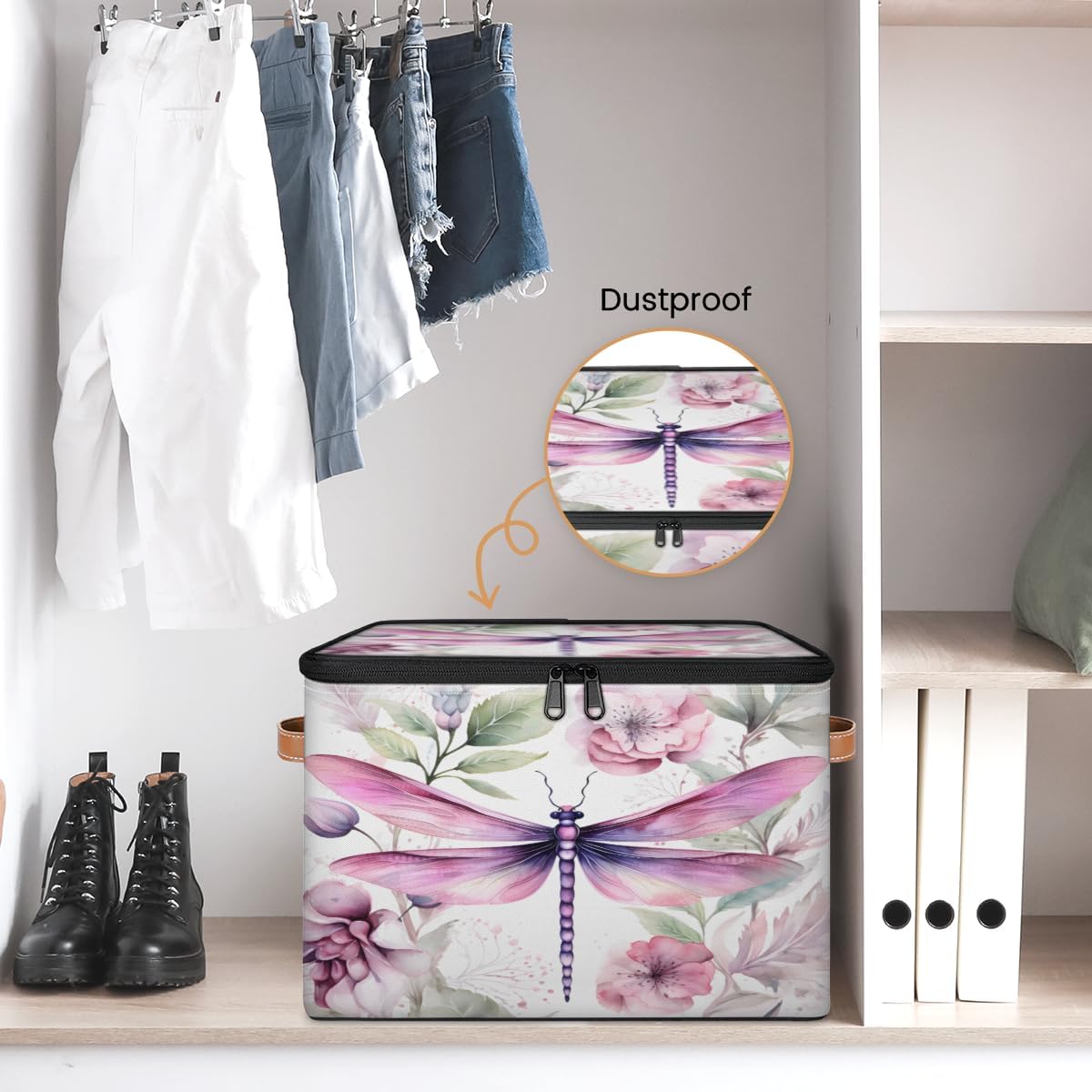 Storage Bin Set of 2 Drangonfly Leaf Storage Basket with Zipper Lid & Handle Foldable Closet Shelf 2 Pack Cloth Organizer Basket Cube Bins Clothes Organizer for Bedroom, Nursery