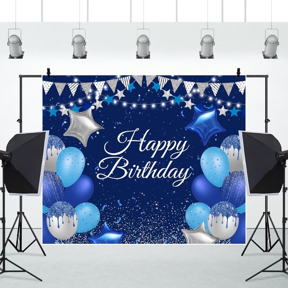 Telón de fondo de vinilo con purpurina de 3 x 2,4 m, color azul real, para fotos de cumpleaños, globo azul, estrella, globo, sesión de fotos, banderines plateados, fondo de fotografía, decoración de