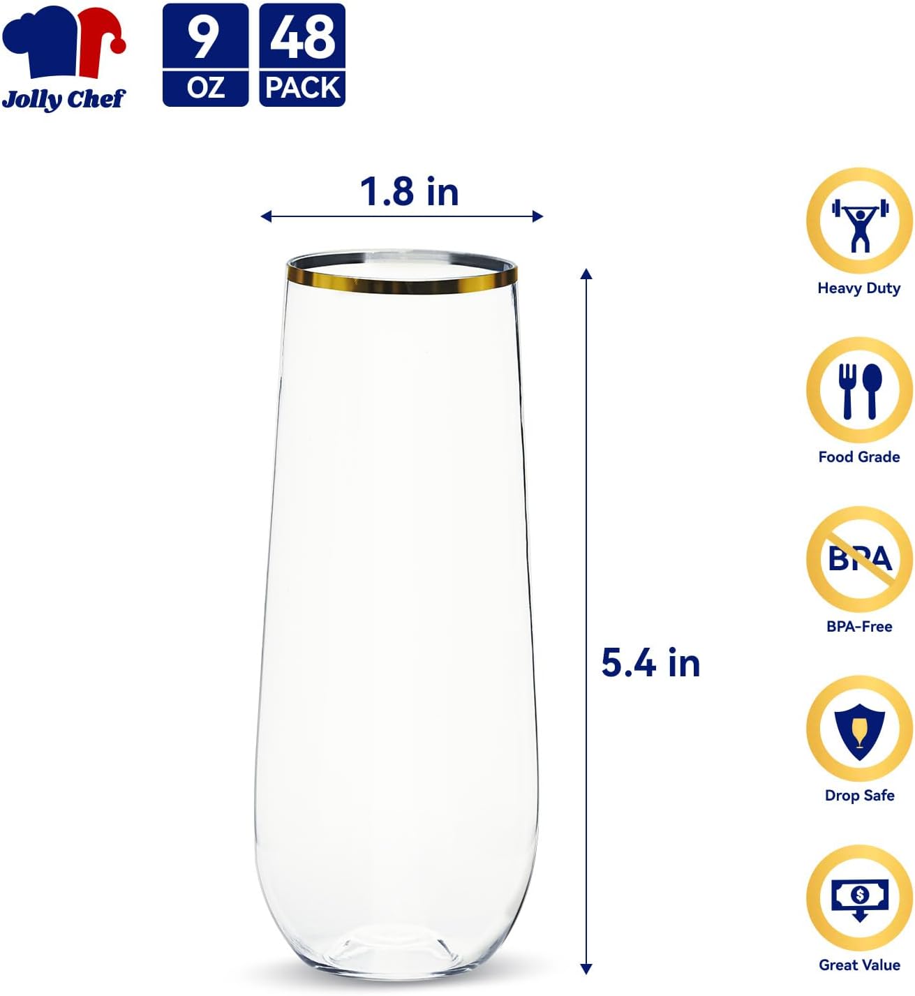 JOLLY CHEF 48 Pack Plastic Champagne Flutes, 9 oz Gold Stemless Champagne Flutes, Plastic Champagne Glasses, Shatterproof Recyclable Mimosa Glasses for Party, Wedding, Christmas, Birthday - Image 2