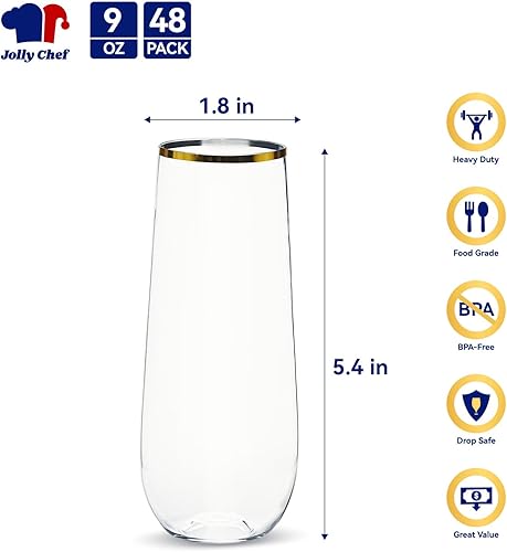 Miniatura 9 de JOLLY CHEF Paquete de 24 copas de champán de plástico sin tallo de 9 onzas, vasos de plástico transparente sin tallo, vasos transparentes