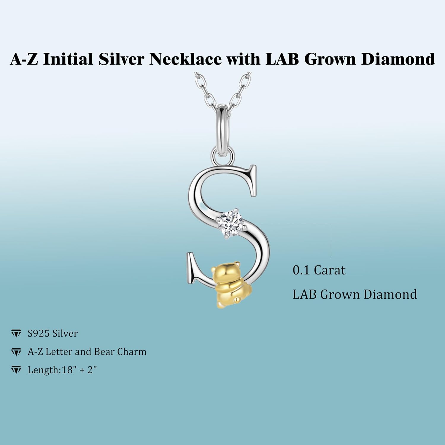 LAB Grown Diamond Silver Initial Necklace for Women A-Z Letter Cute Panda Pendant Necklace Jewelry Gifts