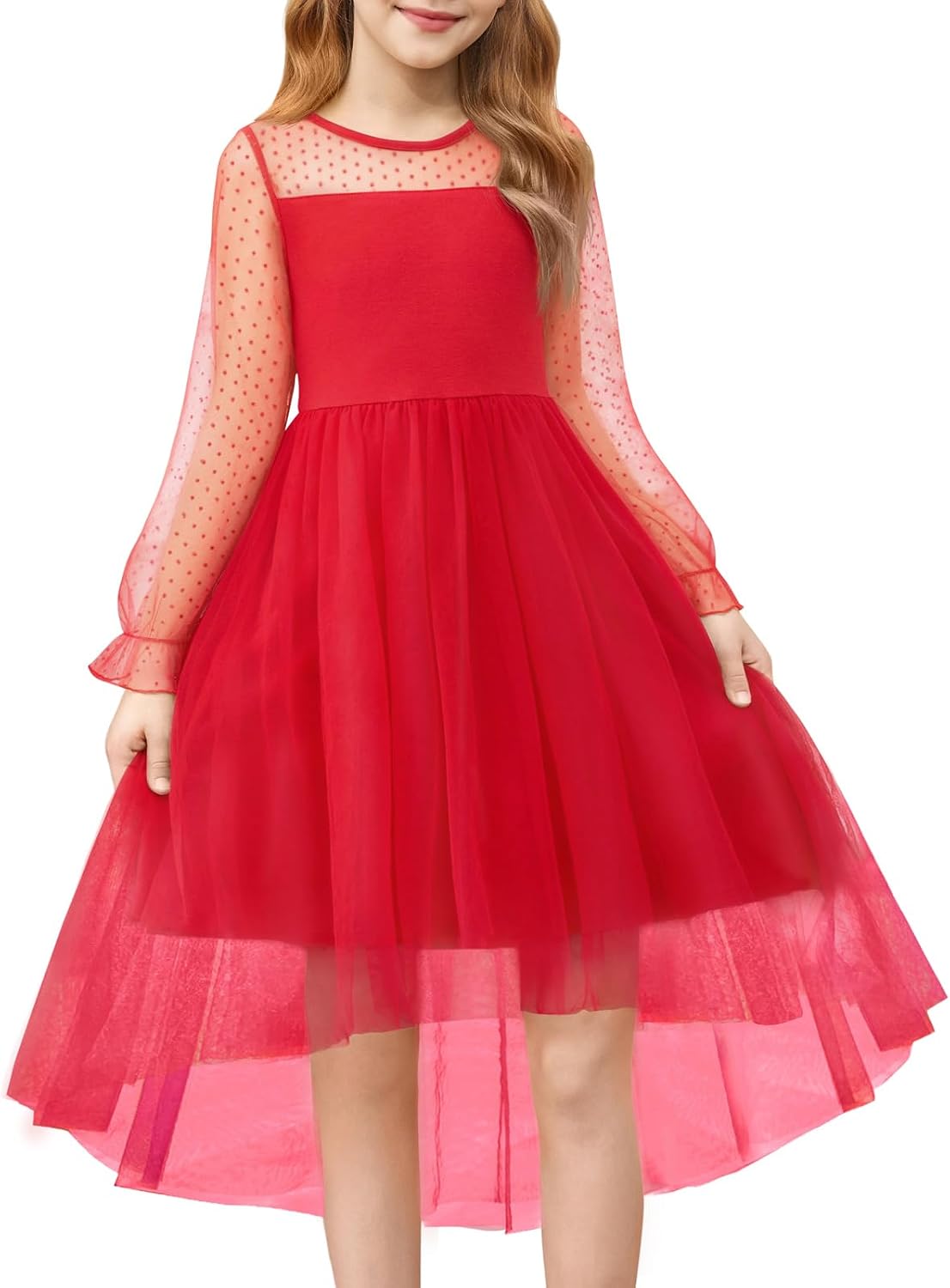 Haloumoning Girls Dresses Kids Contrast Mesh Long Sleeve Twirly High Low Birthday Party Formal Dress 5-14 Years