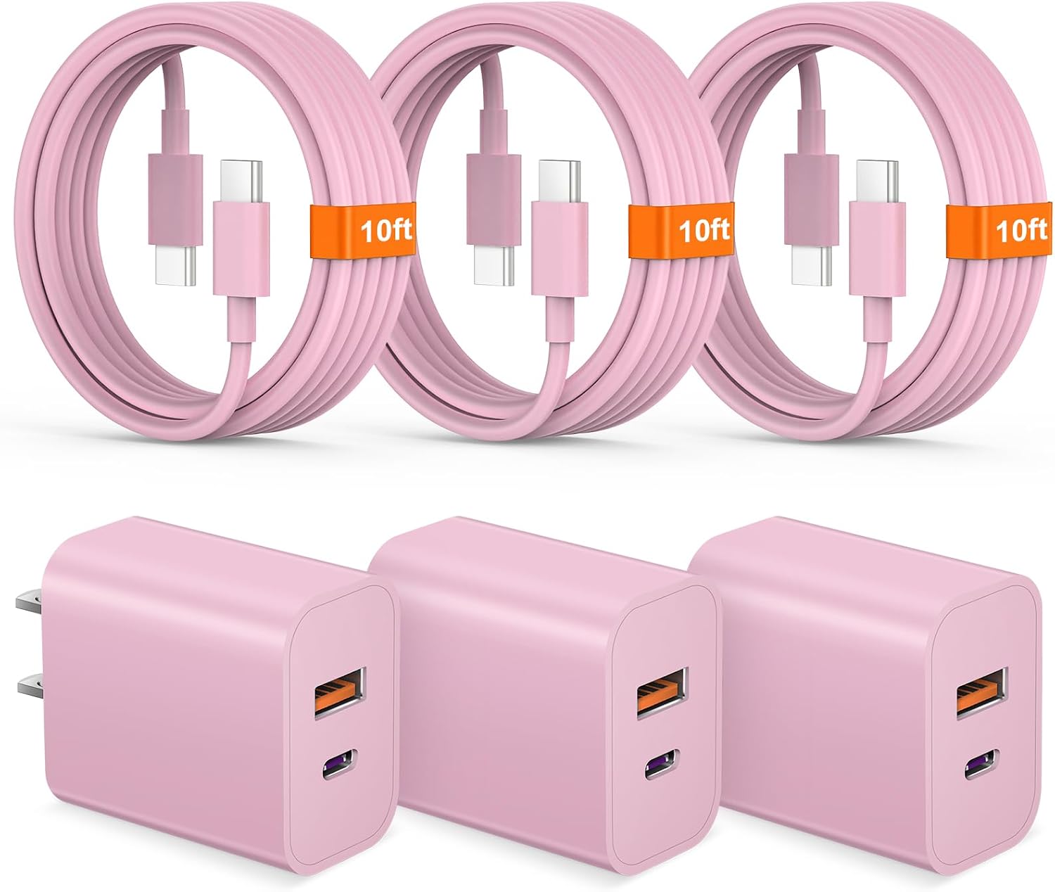 iPhone 17 16 15 Charger Fast Charging USB C Charger Block Type C Chargers Charging Block with 3 Pack 10FT Cable for iPhone 17/17 Plus/17 Pro Max/16/16 Plus/16 Pro Max/15 Pro Max/iPad Pro(Pink