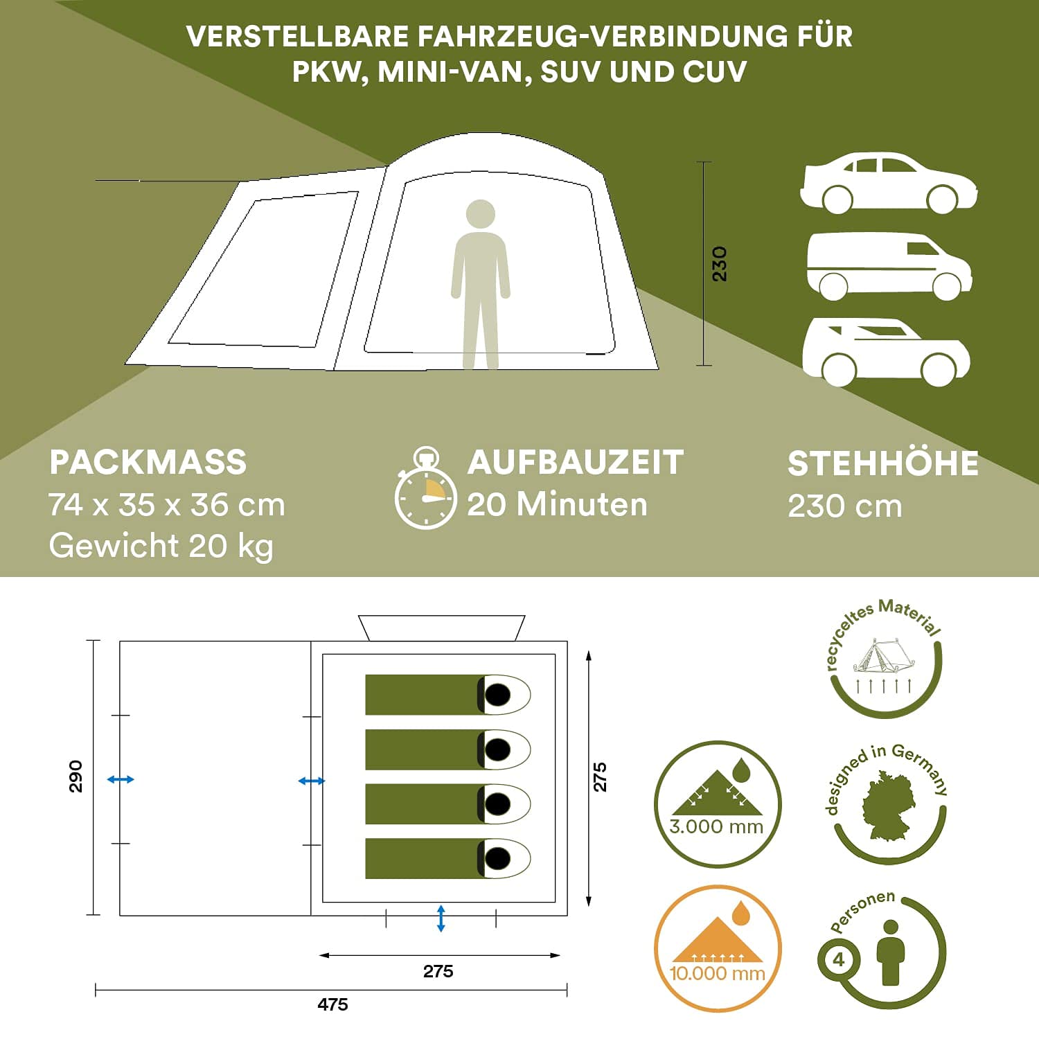 Skandika Heckzelt Pitea XL Cross für 4 Personen | Freistehendes Autozelt mit Schlafkabine, 2,3 m Stehhöhe, wasserdicht, 3000 mm Wassersäule | Camping Vorzelt für SUV, Caddy, Auto
