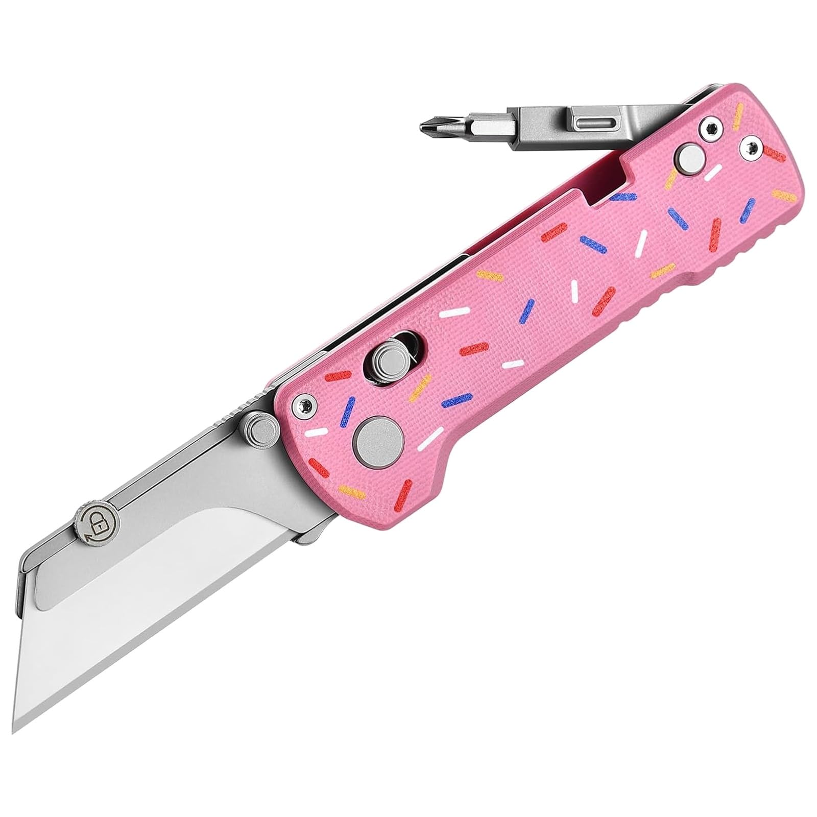Cortador de Cajas Plegable Multiherramienta con Destornillador Plegable, Navaja Multiusos, Hoja de Cambio Rápido, Bloqueo de Riel, Clip de Bolsillo(Pink)