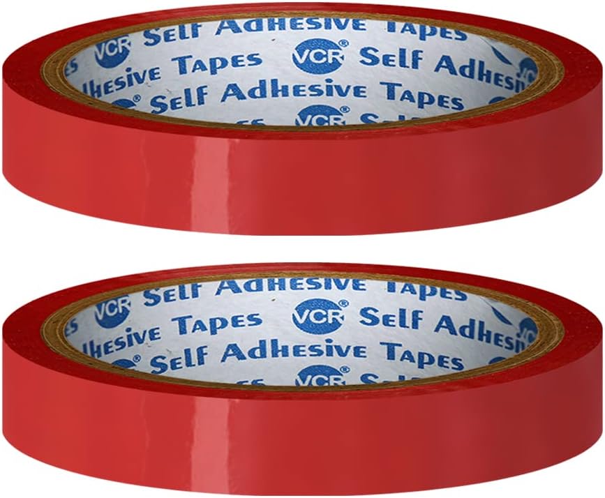 VCR Red Color Tape - 50 Meters in Length - 12mm / 0.5" Width - 02 Rolls Per Pack - BOPP Self Adhesive Tape for Arts and Craft use, Box Packing, Office and Home use