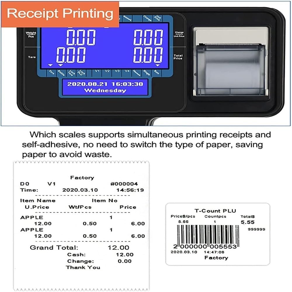 Label Printing Scale, Commercial Digital Price Computing Scale with Double-Sided Pole Display Electronic Balance Cash Register, 30/60Lbs Capacity