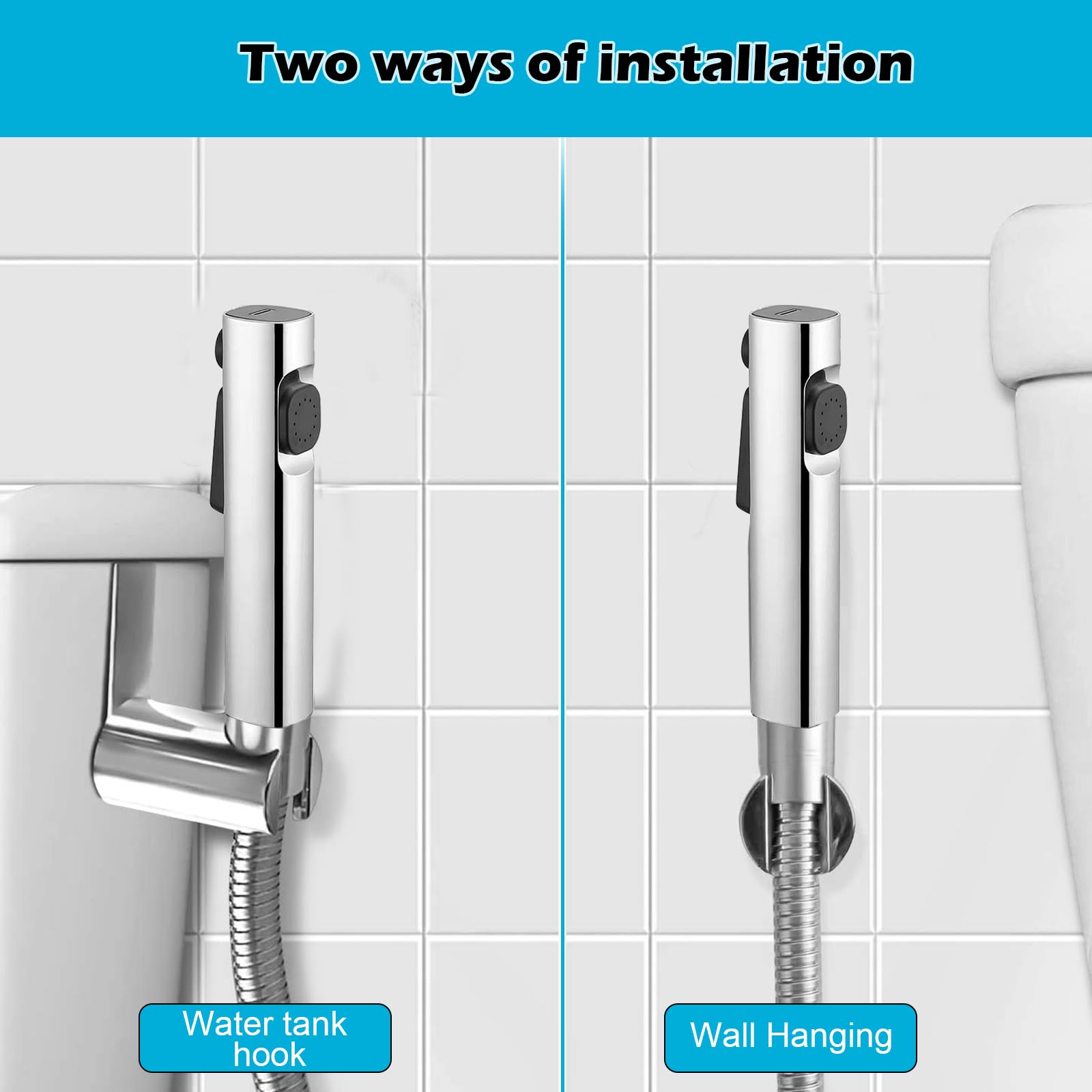 Kit Douchette wc,ABS Pulvérisateur de toilette pour bidet,jet à deux fonctions, facile à installer, avec Vanne 3 Voies (1/2"-3/8"),tuyau de douche de 150 cm et support de douche(Argent)
