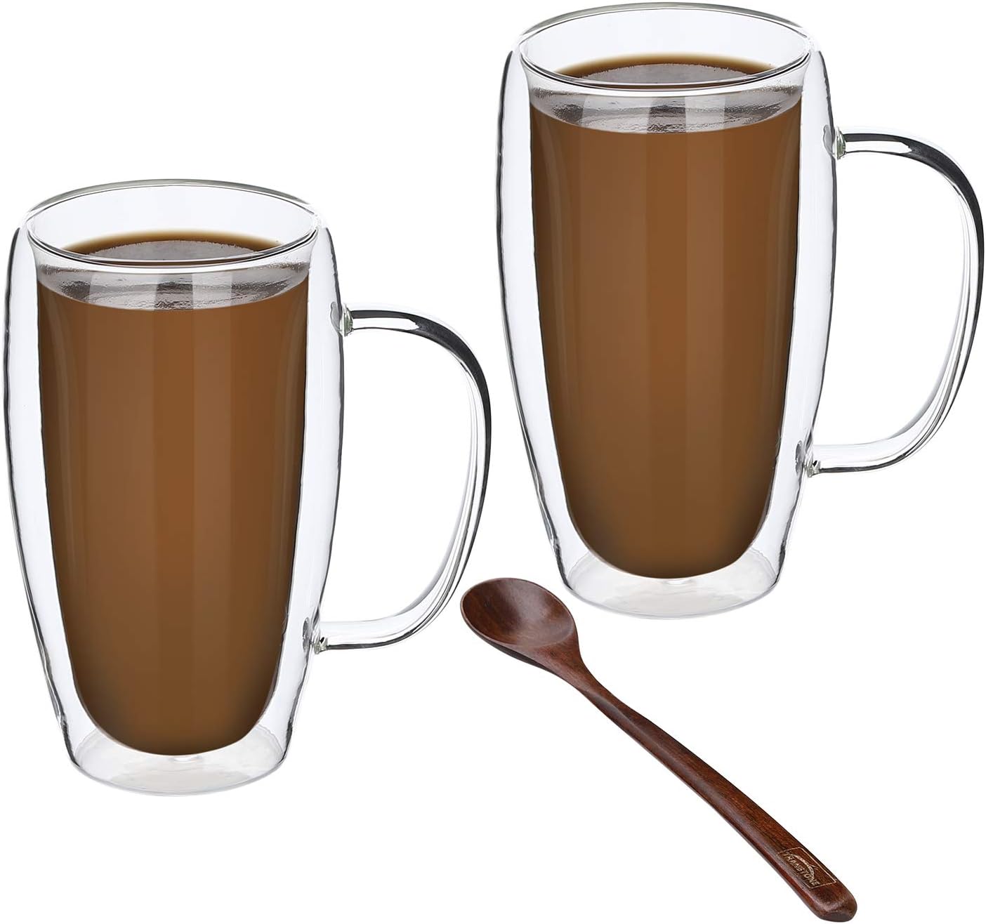 TRANSTONE 15oz Set Of 2 Double Wall Insulated Glass Coffee Cups,Clear Glass Coffee Mugs,Glass Espresso Mugs, Latte Glass Cups, Glass Cappuccino Mugs ，Glass Tea Cups Include A Wooden Spoon