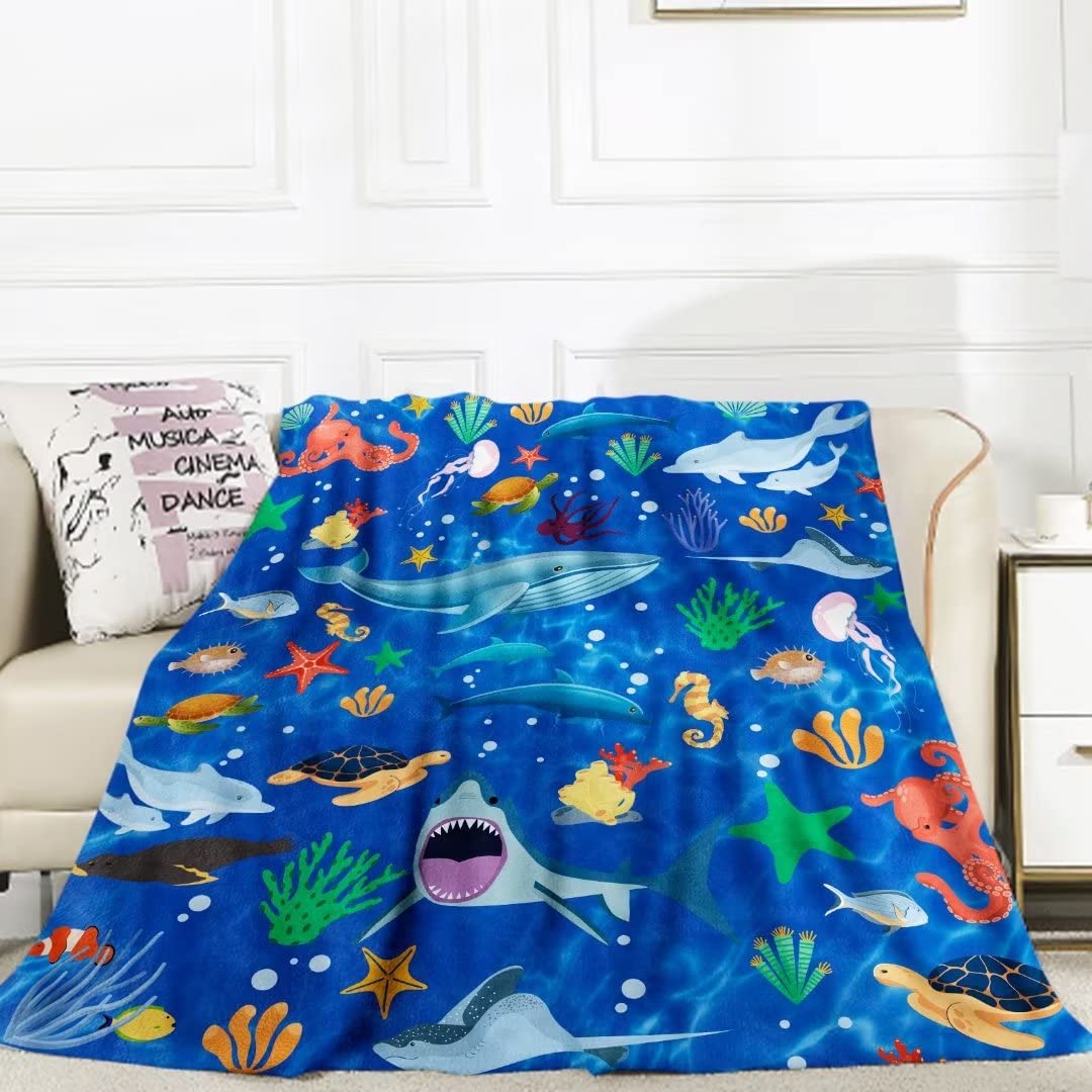 Ocean Throw Blanket Soft Fluffy Marine Life Seahorse Dolphin Octopus Shark Ocean Themed Flannel Throws Under The Sea Gift Plush Blankets Blue for Kid Teen Birthday Sofa Decor 130x152cm
