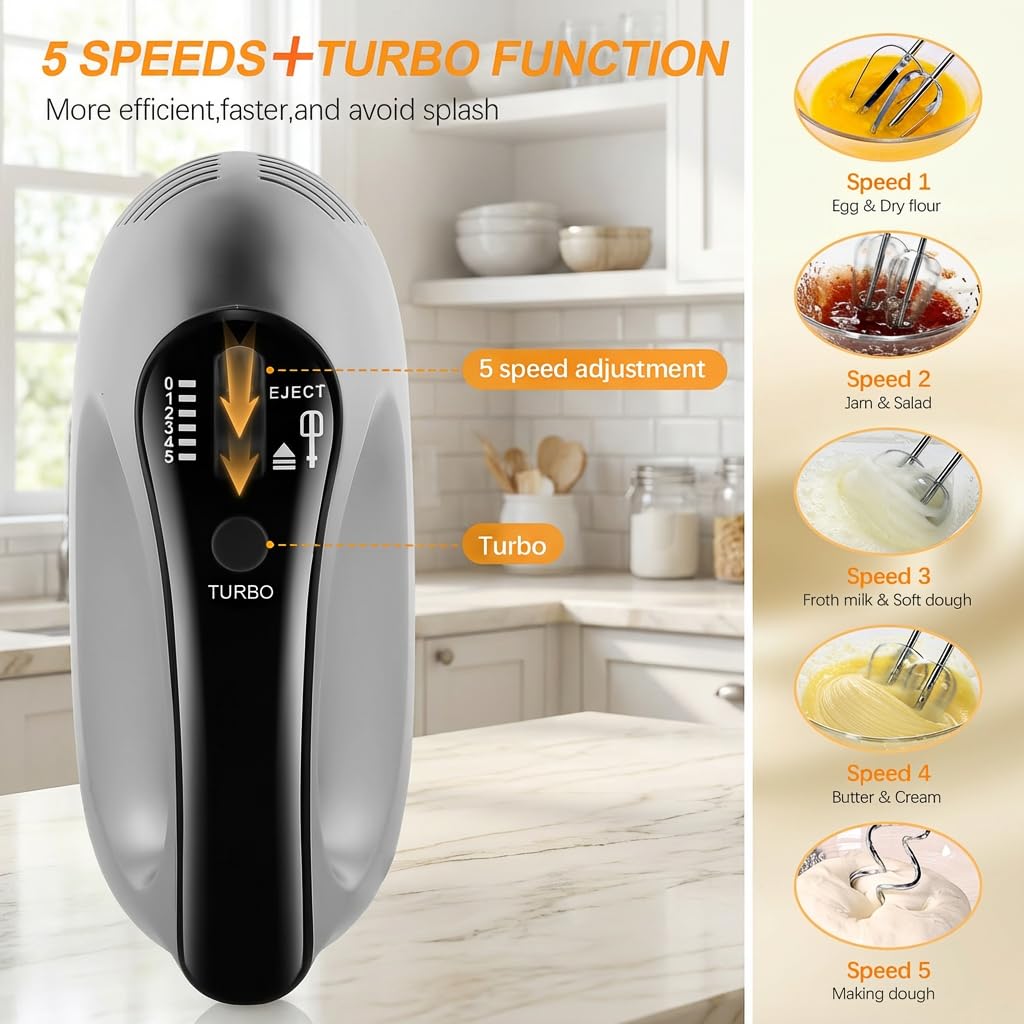 Batteur Électrique Puissant 500 W Batteur à Main avec 5 Réglages Vitesses Fonction Turbo et Bouton d'Éjection Batteur Cuisine Électrique avec Fouets et Crochets Inox Pour Gâteaux Confitures Crèmes