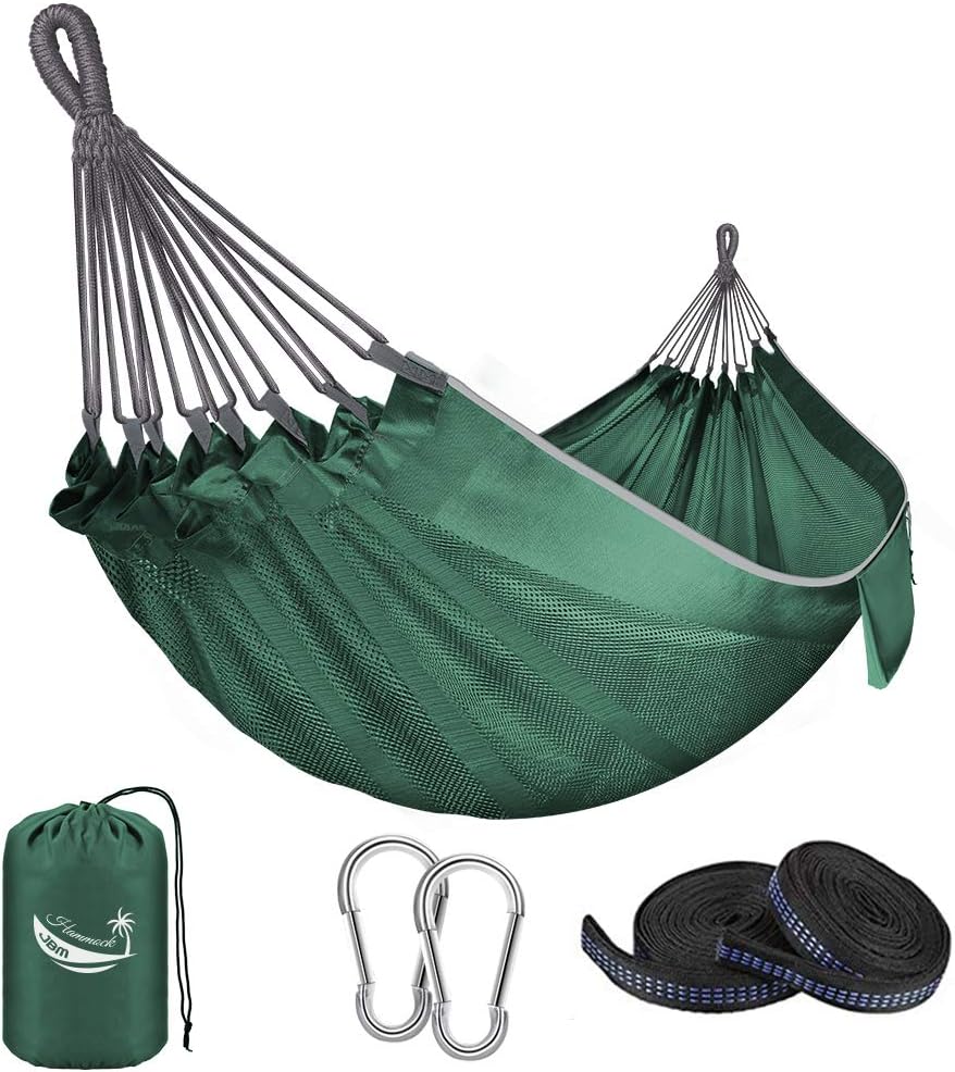 JBM Camping Single Hammock Portable Hammock Swing with Carrying Bag Nylon Ropes & Steel Carabiners Outdoor Camping Hammock for Patio Porch Garden Backyard Lounging - Support 264-330lbs