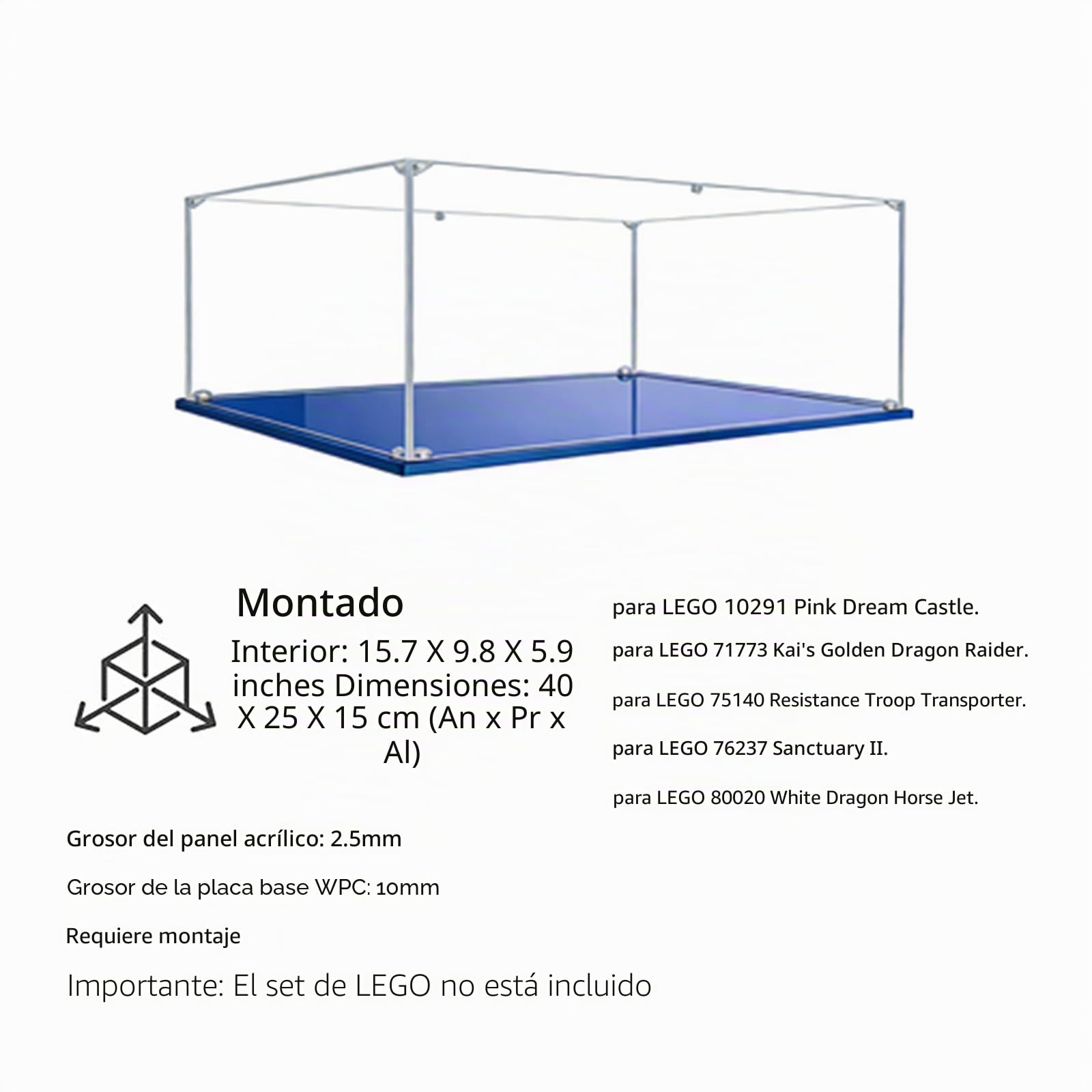 Vitrina Acrílica Transparente Antipolvo,para Lego Modelo Serie 10291 71773 75140 76237 80020 Grand Caja de Exhibición. Base Azul (1, 40x25x15cm)