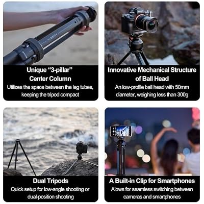 HEIPI Travel Tripod Camera Stand Portable Carbon Fiber Lightweight Tripod 360 Degree Horizontal Panning Vertical Tilting Ball Head Quick-Release Arca-Swiss Mount - W28S (with KF50-Q)