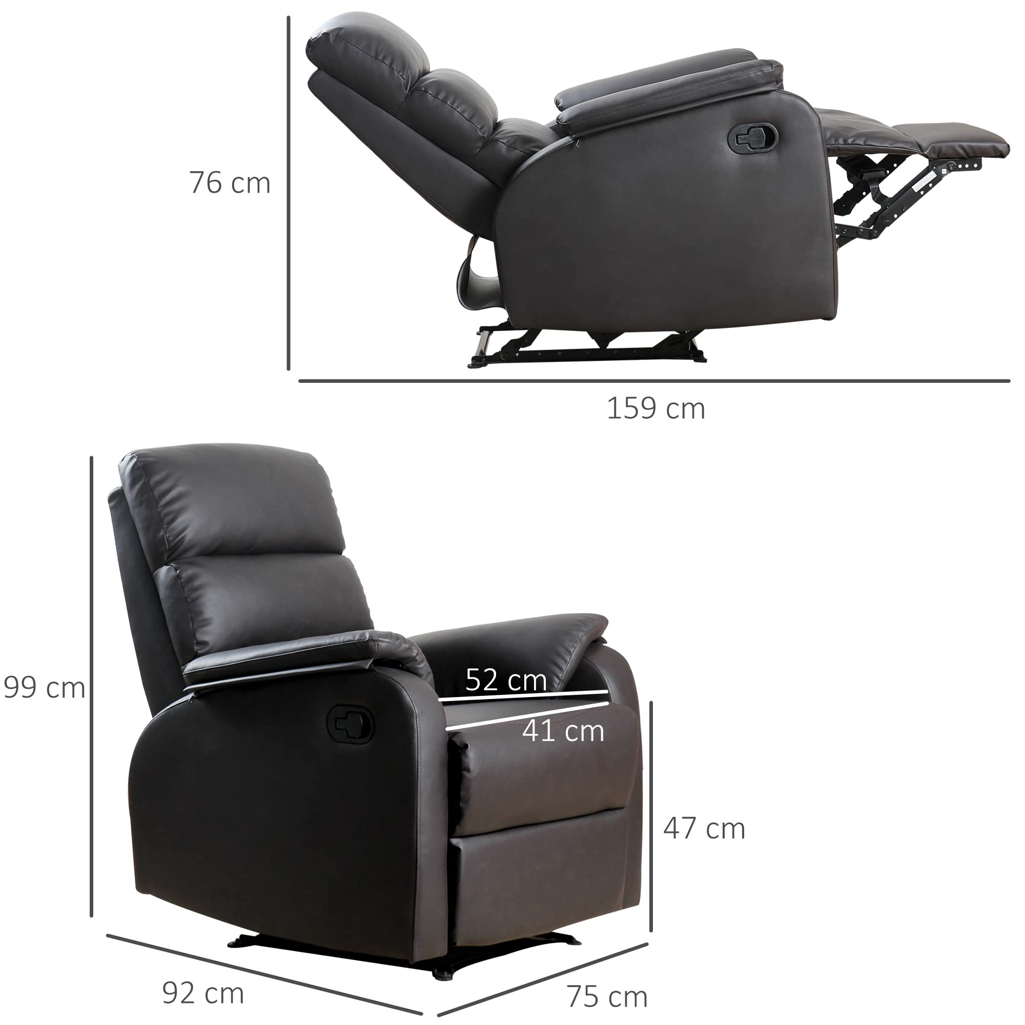 HOMCOM Sillón Relax Reclinable Manual Tapizado en PU con Reposapiés Retráctil Asiento y Respaldo Extra Acolchados para Salón Oficina Dormitorio 75x92x99 cm Marrón