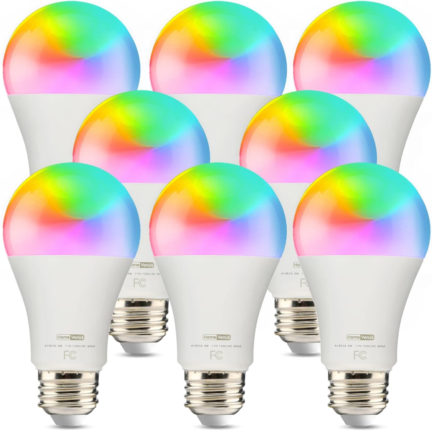 Homevenus HVS Smart Light Bulbs, 9W Equivalent 60W A19 E26 RGBW Music Sync Color Changing LED Light Bulbs, App 2.4GHz WiFi Dimmable Tunable White Compatible with Alexa Google Assistant, 8 Pack