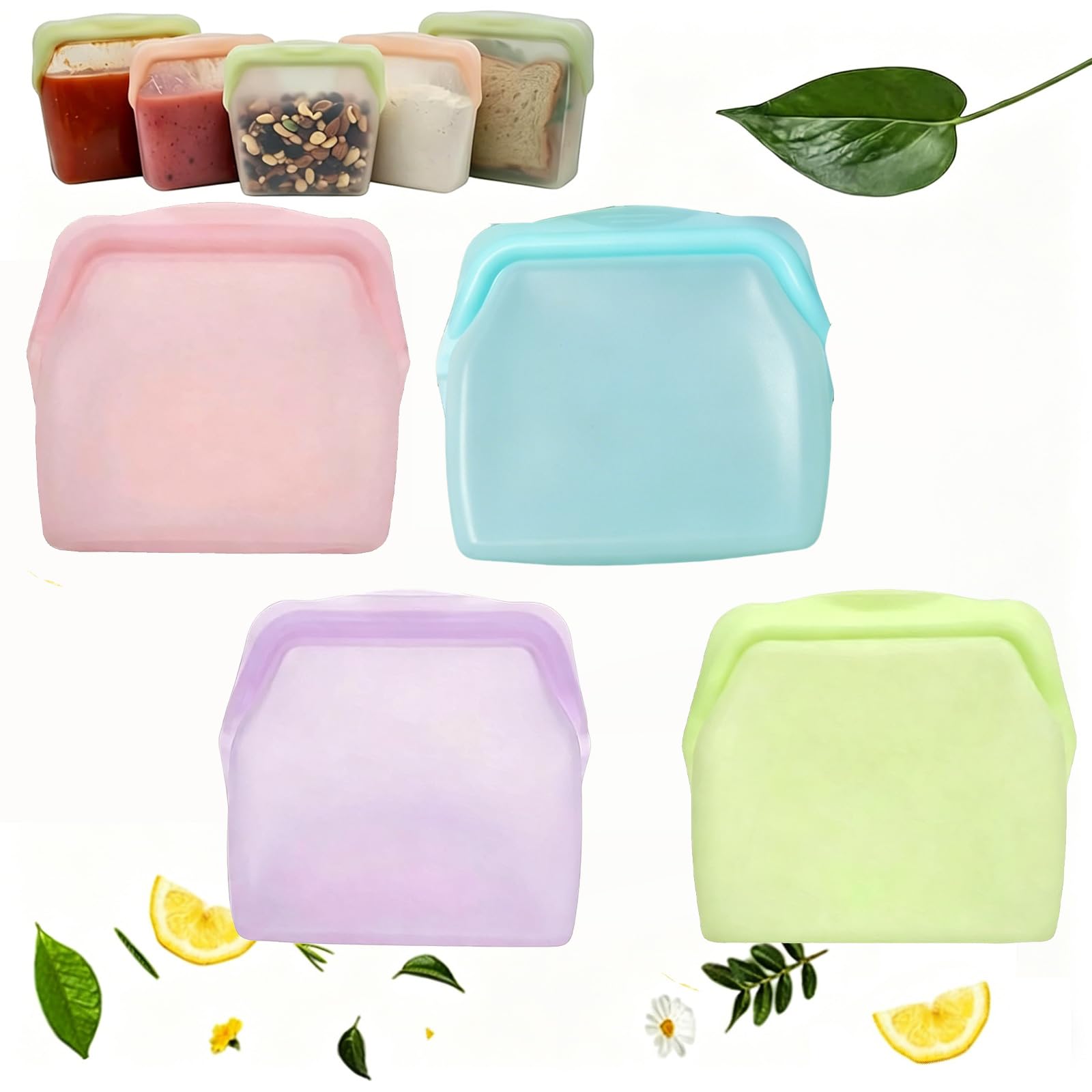 Everbag Silicone Storage, Reusable Silicone Food Storage Bags, BPA-Free Ziplock Food Storage Containers, Microwave, Dishwasher & Oven Safe (4PCS)