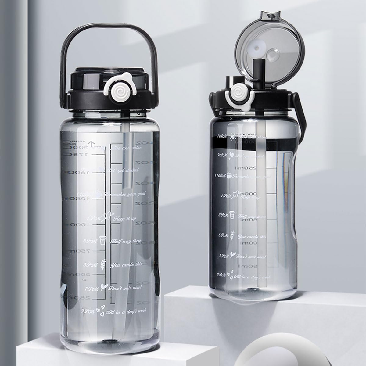 Water Bottle 2L Motivational Water Jug with 2 kinds Drinking Spouts One Click Open Drinking Container Flask Reusable Leakproof Large Capacity Plastic Water Bottle with Straw for Fitness Outdoor Office