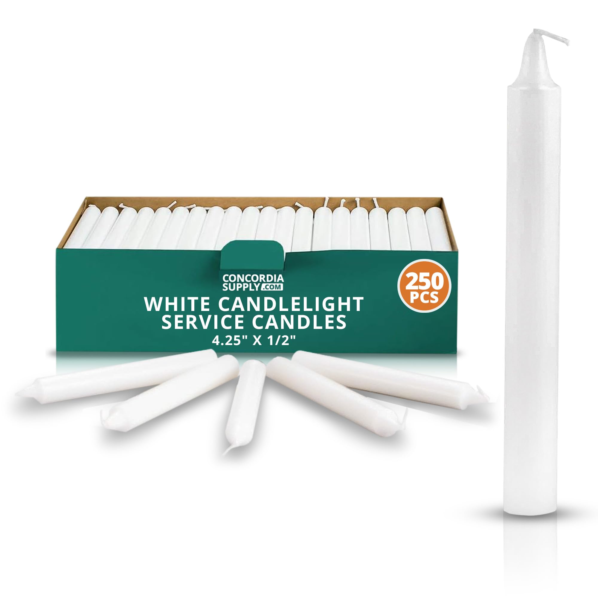 Concordia Supply Church Candles for Candlelight Service Vigil - 4.25" x 1/2" Bulk White Candles for Memorial, Congregational, Shabbat, Wedding, Communion, Baptism & Christmas Ceremonies - Box of 250