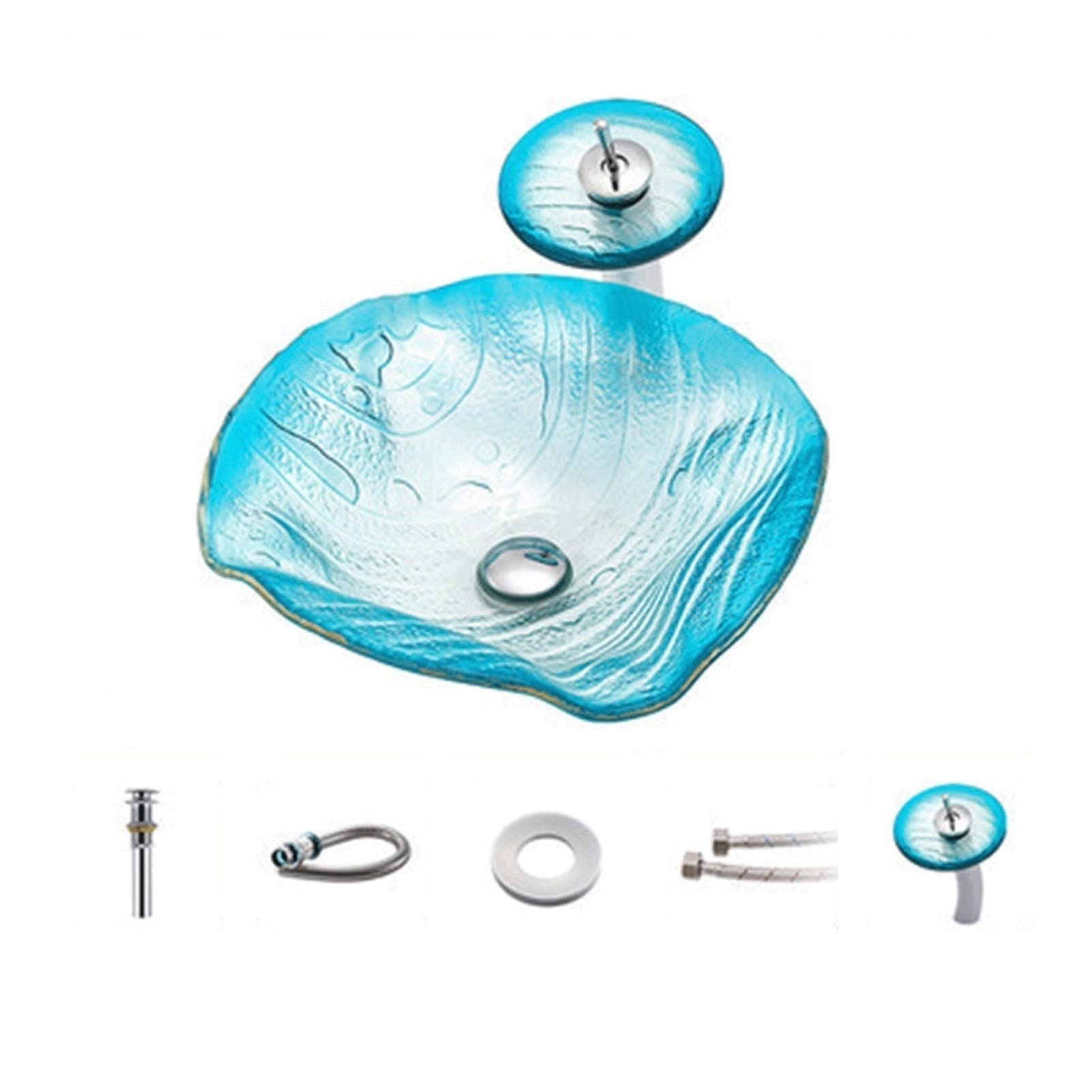 CWCQGH Bathroom Vessel Sink Countertop Sink Tempered Glass Hand Painted Waterfall Spout Basin Bathroom Sink Blue Vessel Sink (C)