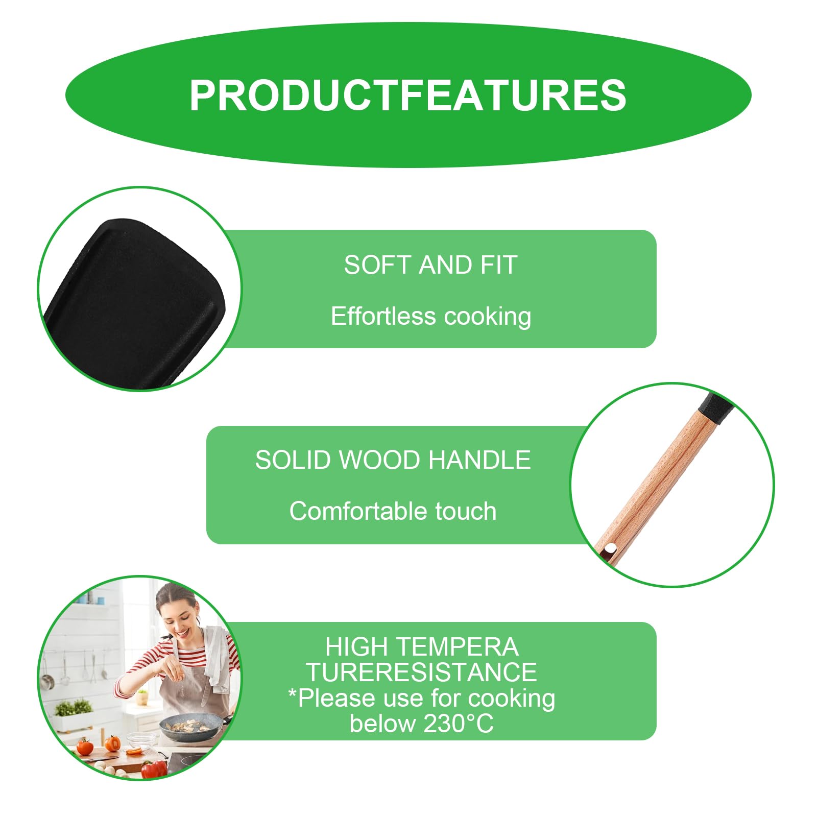 Espátula multifunción, cuchara de silicona antiadherente con asas de madera, cuchara multifunción mate para agitar, hornear, freír, raspar y recoger (negro)