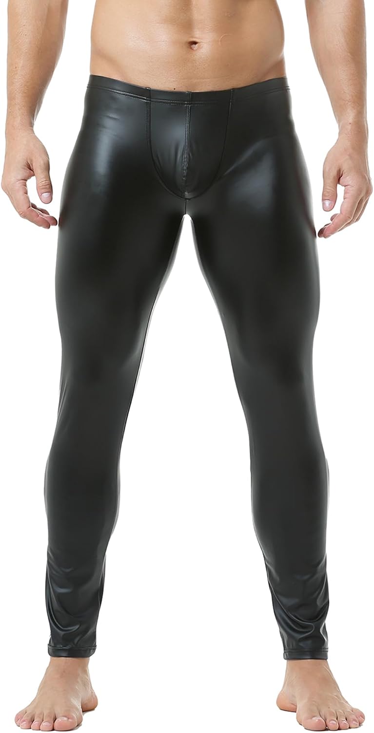 DTODWW Men's Faux Leather Activewear Leggings Slim Fit Tight Pants Long PU Pants for Men Clubwear