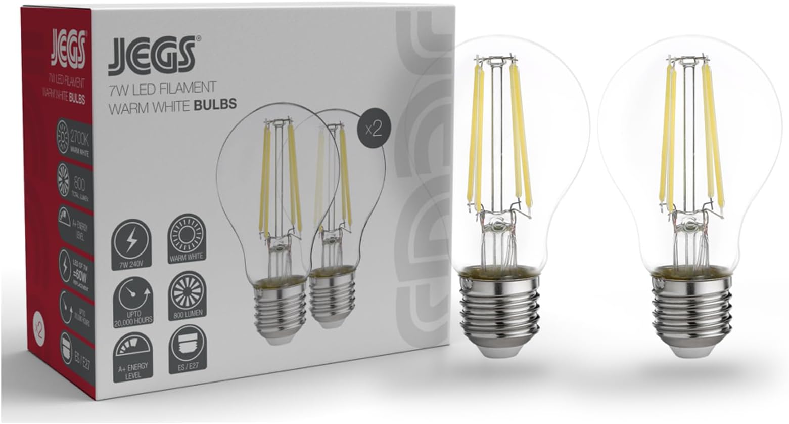 2 X 7W LED Equiv 60W Filament Light Bulbs 2700K Warm White 240V ES/E27 800 Lumen LED E27 Edison Screw Bulb with Energy Class A++