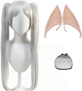 2Pcs Long Grey Wigs for Women with Elf Ears Wig Cap, Layered Natural Synthetic Wig Costume Grey Twintails Hair Anime Cosplay Full Head Wigs for Halloween Christmas Party Carnival