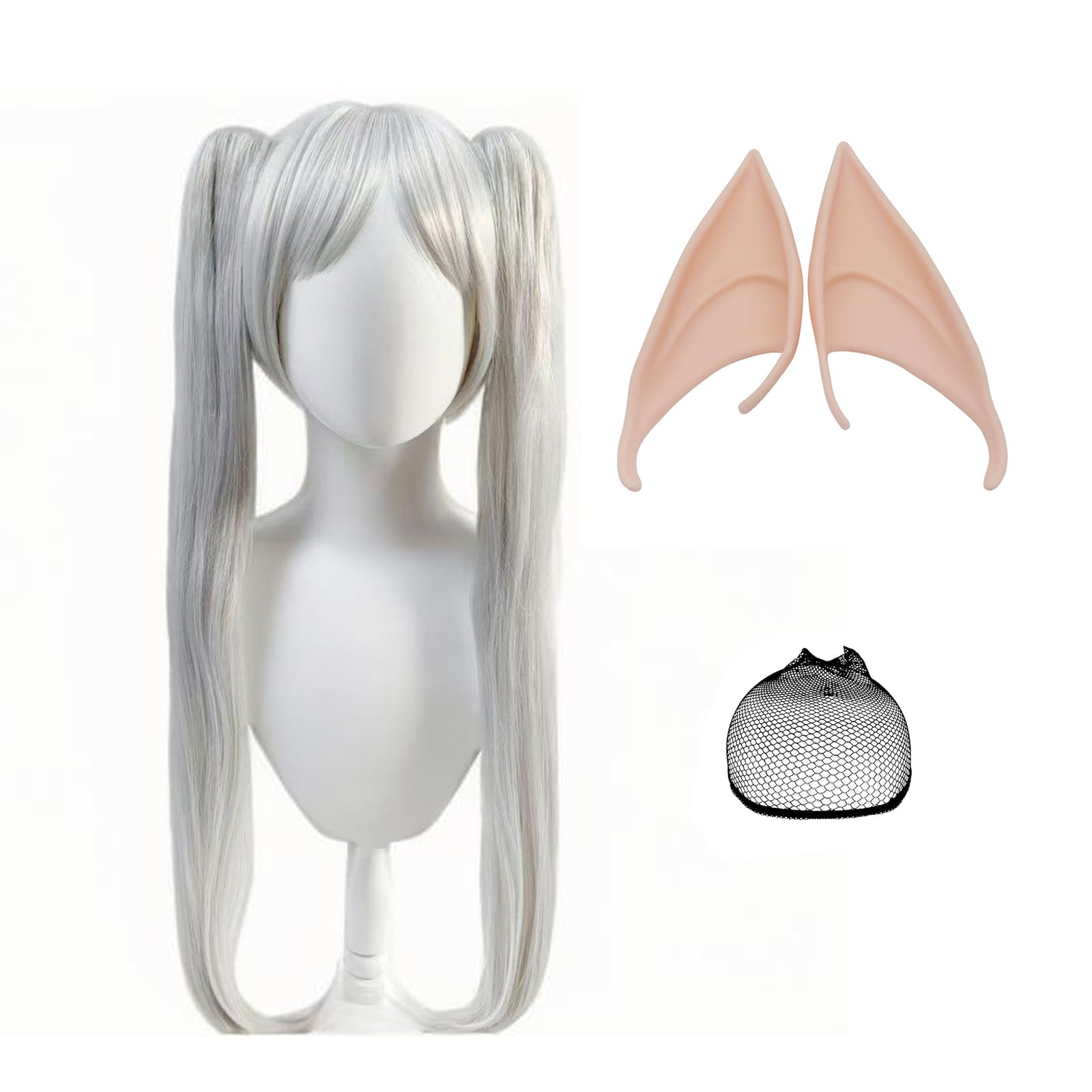 2Pcs Long Grey Wigs for Women with Elf Ears Wig Cap Layered Natural Synthetic Wig Costume Grey Twintails Hair Anime Cosplay Full Head Wigs for Halloween Christmas Party Carnival