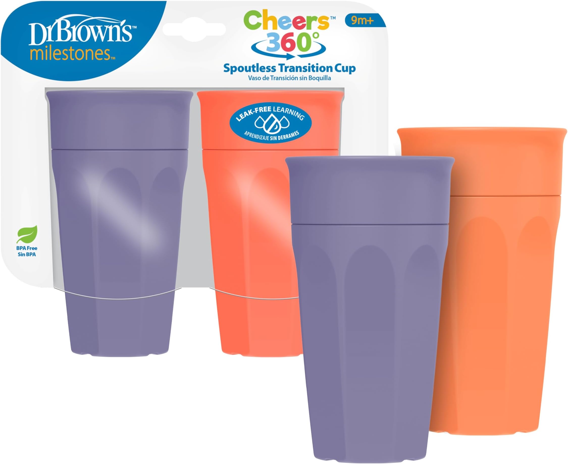 Milestones Cheers 360 Spoutless Transition Cup, Travel Friendly and Leak Free Sippy for Babies and Toddlers, Coral and Purple, BPA-Free, 10 oz/300 mL, 9m+