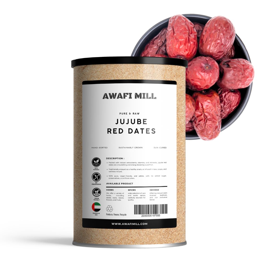 AWAFI MILL Jujube (Red Dates) | Dried Chinese Dates • Whole Fruits for Tea, Soups, Desserts & Snacking | Naturally Sweet, Chewy Texture - 100 g | 3.5 Oz