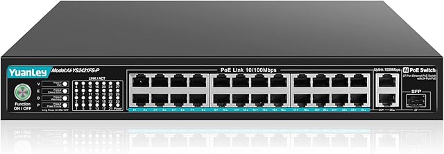 YuanLey 24 Port PoE Switch with 2 Gigabit Ethernet Uplink, 1 SFP Port, 300W PoE+ Port Support 802.3af/at, Unmanaged Network Switch with AI Watchdog, VLAN, Extend to 300m, Fanless and Silent Operation